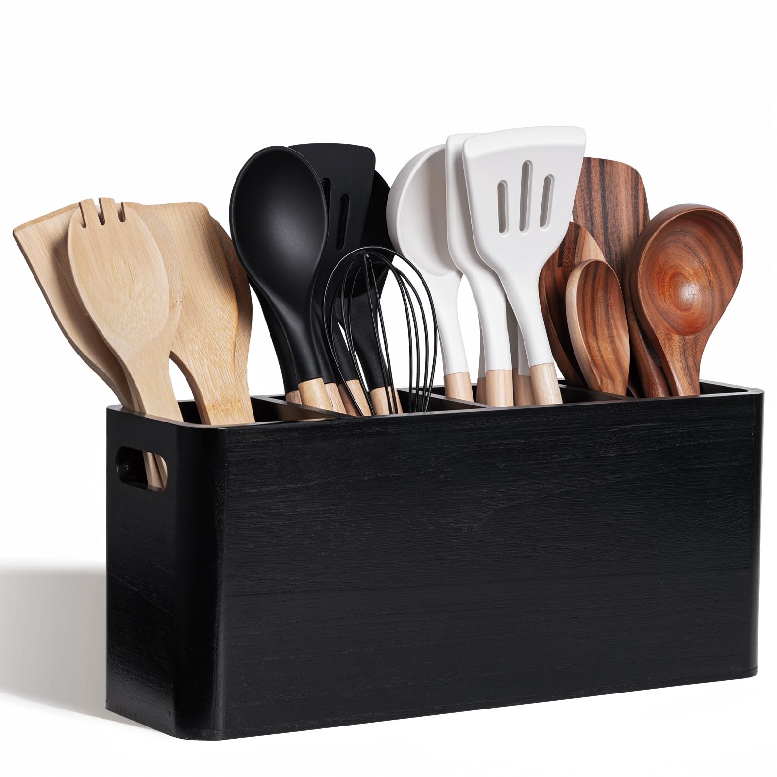 Extra Large Farmhouse Utensil Holder for Kitchen Counter - 4 Compartment Wooden Organizer for Spoons, Spatulas & Cooking Tools - Rustic Black Countertop Storage (Perfect for Farmhouse, Modern & Country Style Kitchens)