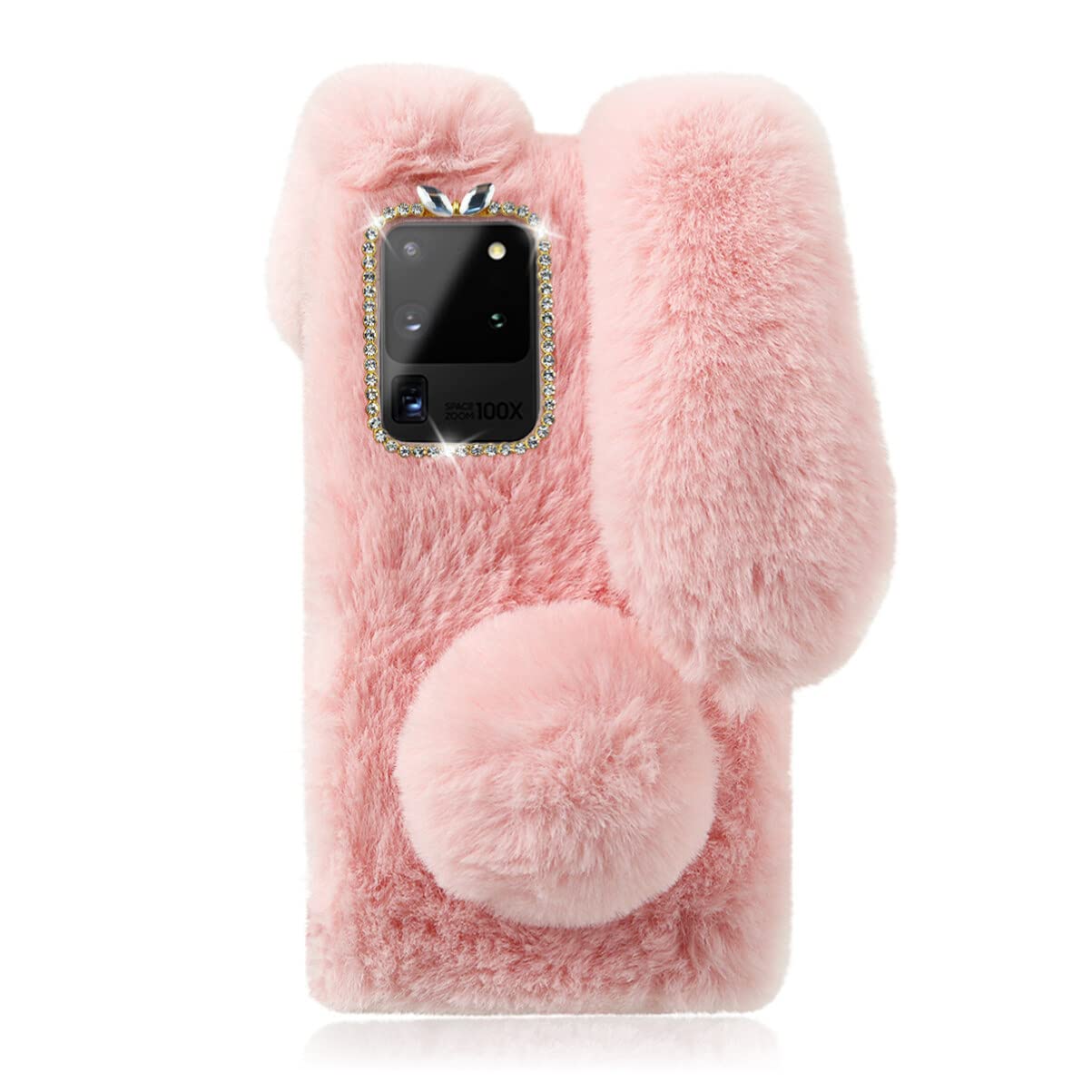 Cute Pink Plush Rabbit Glitter Phone Case for Samsung Galaxy S20 Ultra - Soft Warm Hand Protection Case, Shockproof & Anti-Slip - Perfect for Everyday Use, Travel & Gift Giving