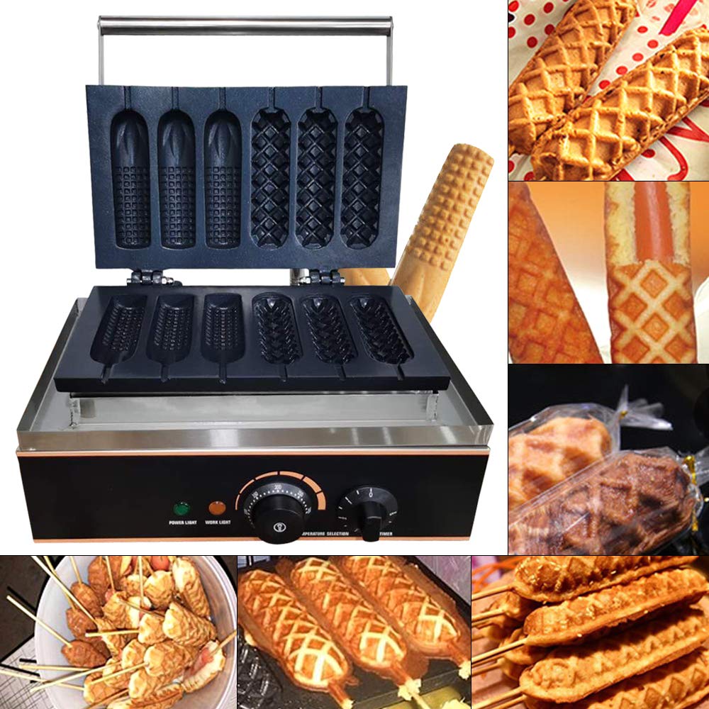 Commercial Electric Waffle Maker Machine - 6PCS Nonstick Plates for Crispy Waffles, Paninis & Hash Browns - 1500W Stainless Steel Hot Dog & Sausage Maker - 110V Household Waffle Cone Baker (Perfect for Restaurants, Cafes & Home Breakfast)
