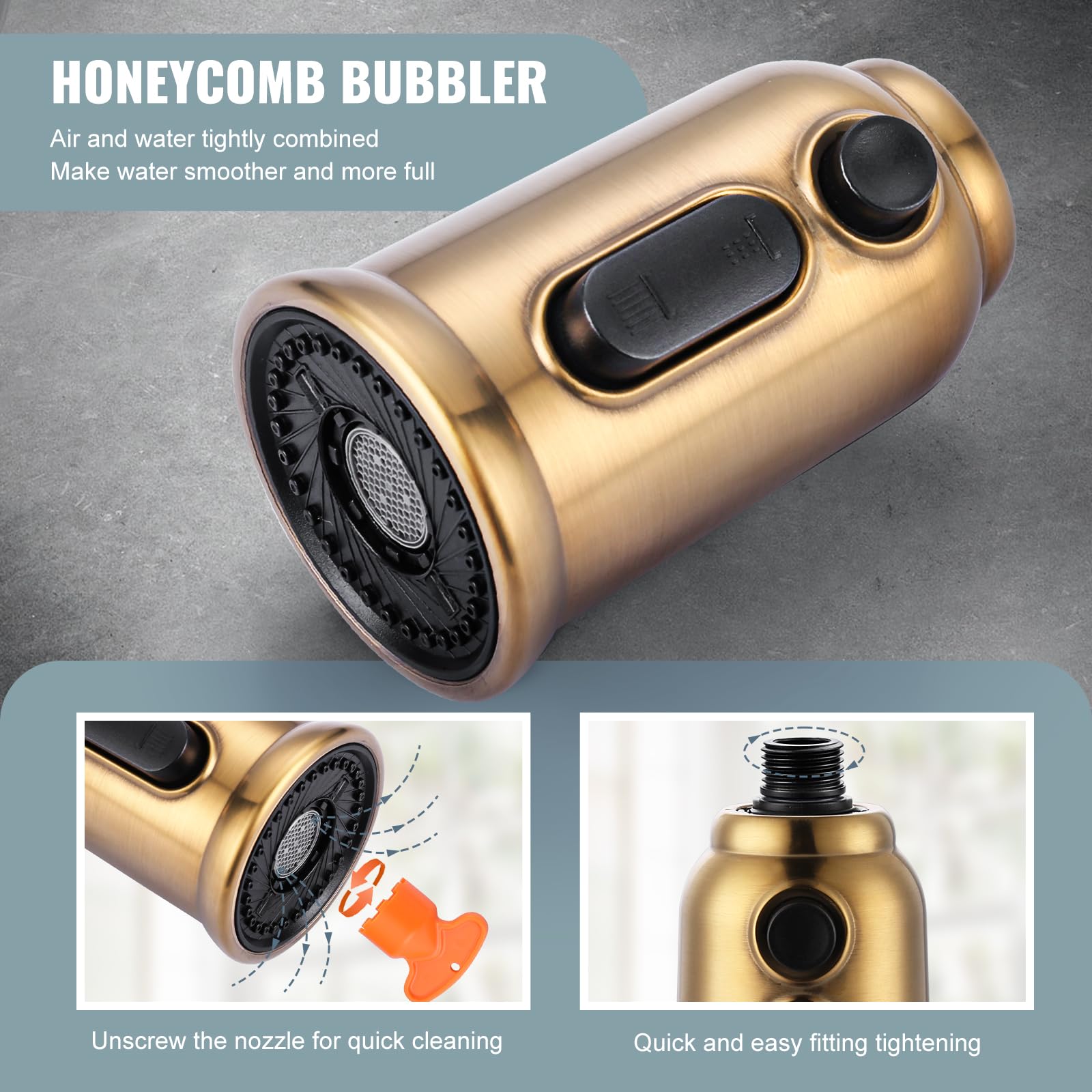 3-Function Pull Down Kitchen Faucet Spray Head Replacement with 9 Adapters - Brushed Gold Sink Nozzle Compatible with American Standard & Most Faucets | Perfect for Washing Dishes, Cleaning Sinks & Food Prep