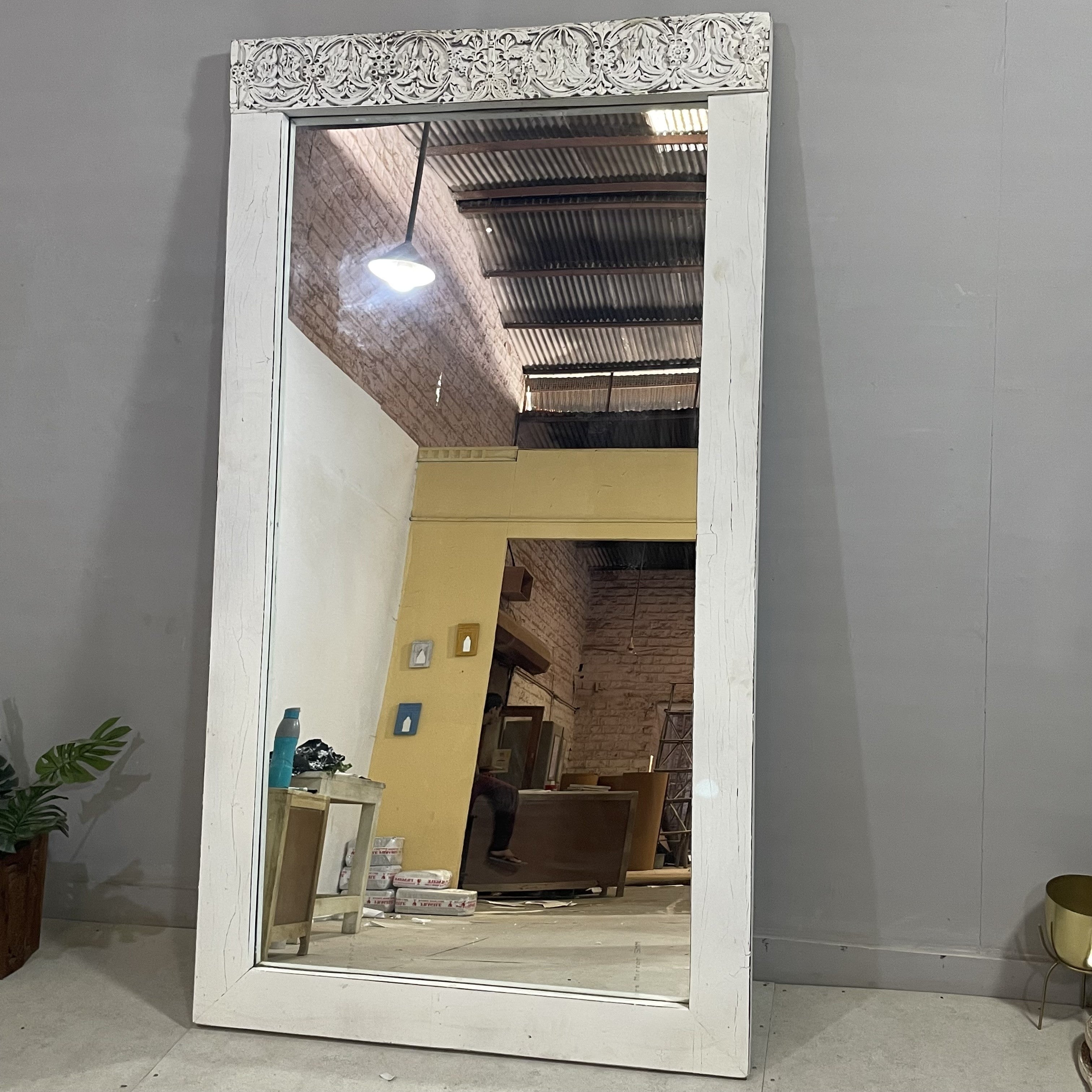 Handcrafted Indian Solid Hardwood Mirror Frame - White Carved Wooden Mirror - 47