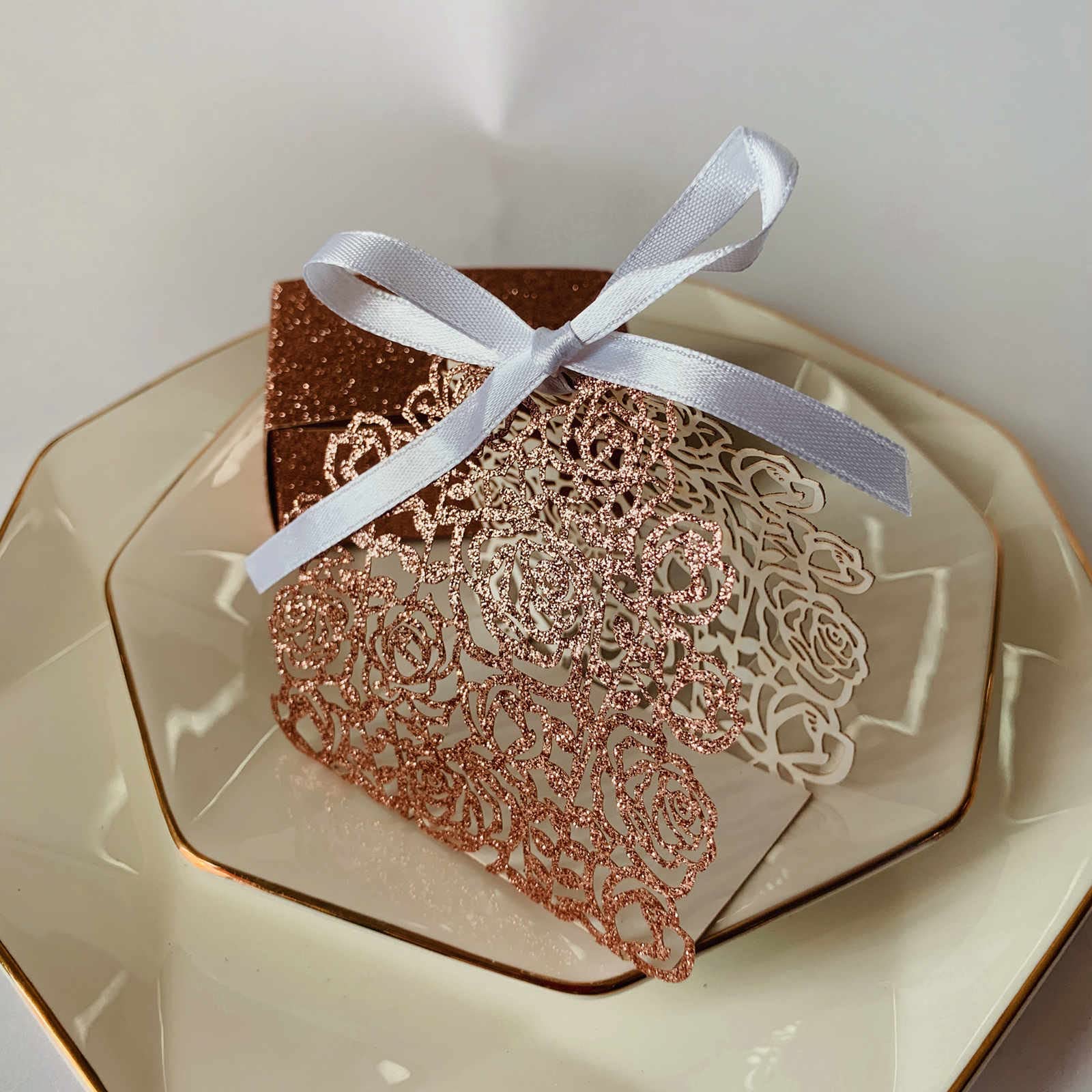 50pcs Rose Gold Mini Baptism Favor Boxes - Laser Cut Wedding Candy Boxes with Ribbons for Christian Baby Shower, Wedding Party Decorations & Gift Giving | Perfect for Baptism Favors, Wedding Souvenirs & Baby Shower Gifts