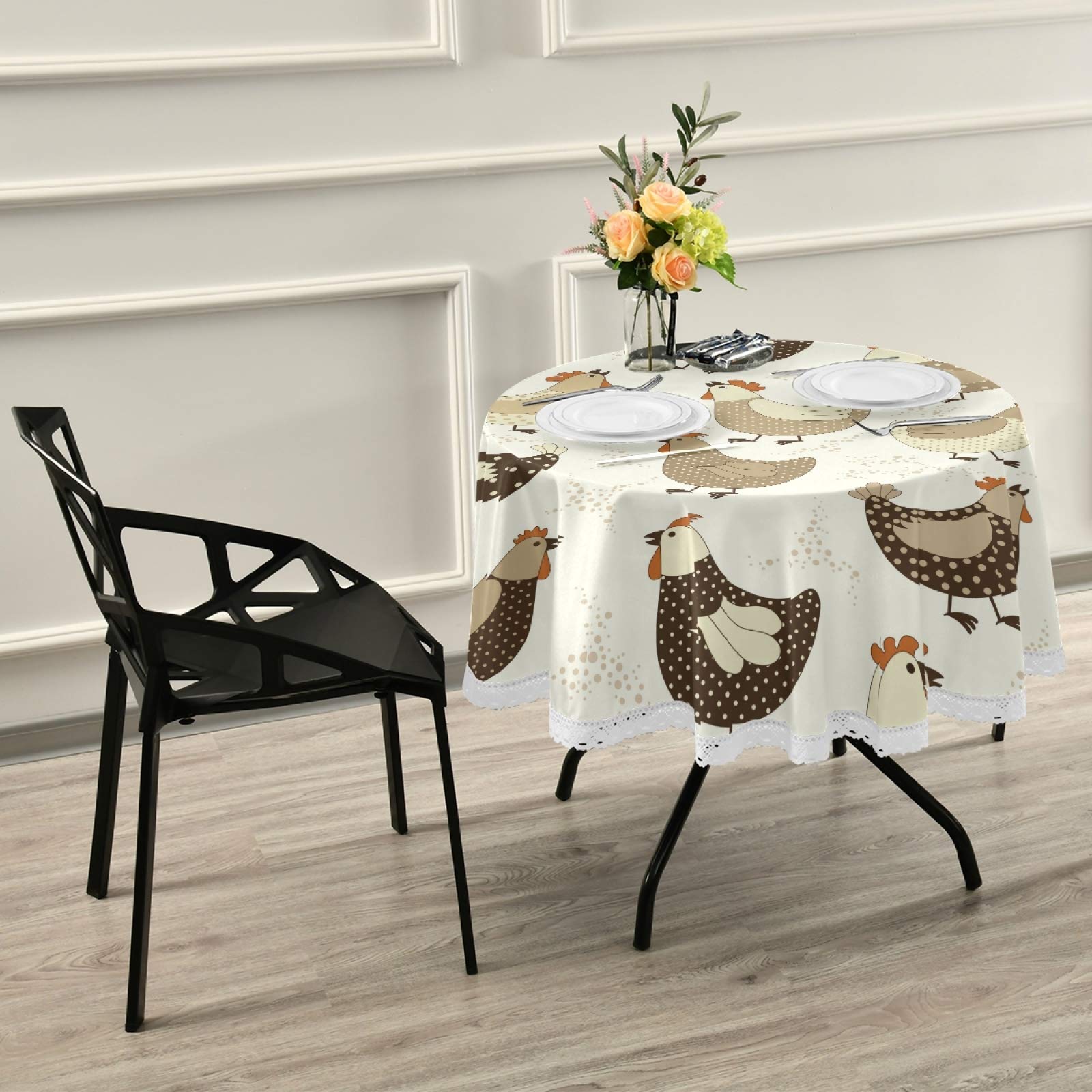 Classic Chicken Cartoon Rooster Polyester White Lace Round Tablecloth - 60 Inch Decorative Table Cover for Party, Dinner & Holiday Decorations - Perfect for Birthday Celebrations, Thanksgiving, and Christmas Dining Table Settings