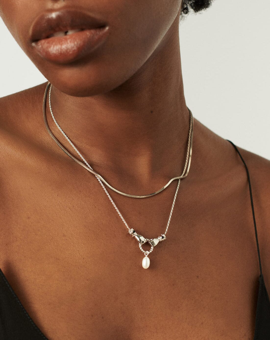 Harris Reed In Good Hands Drop Pendant Necklace - Silver Plated with Pearl & Black Onyx | Elegant Layering Necklace for Women | Perfect for Evening Parties, Weddings & Special Occasions
