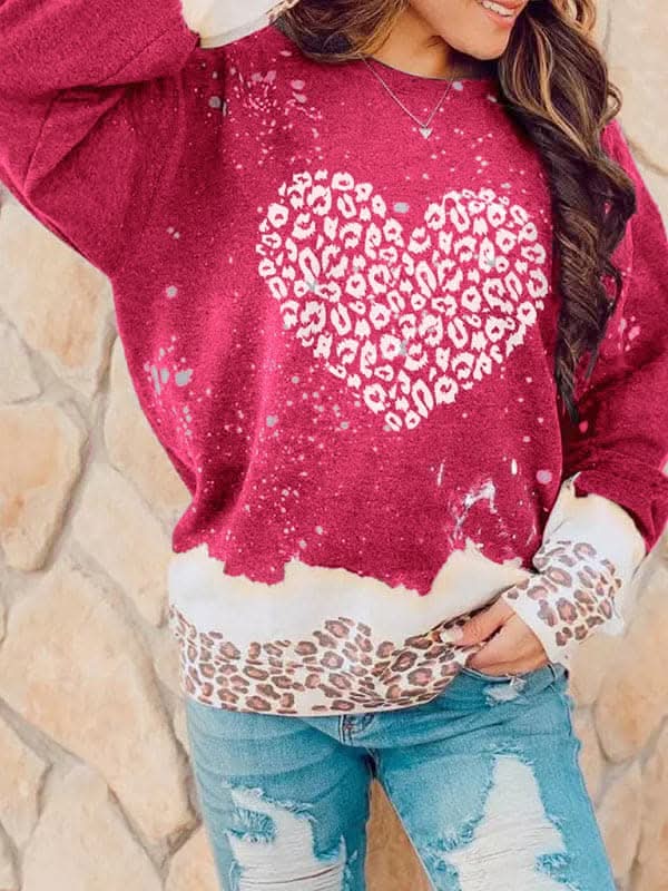 Stylish Leopard Print Heart Pullover Sweater - Cozy & Trendy for Casual Wear, Date Nights & Fall Outfits