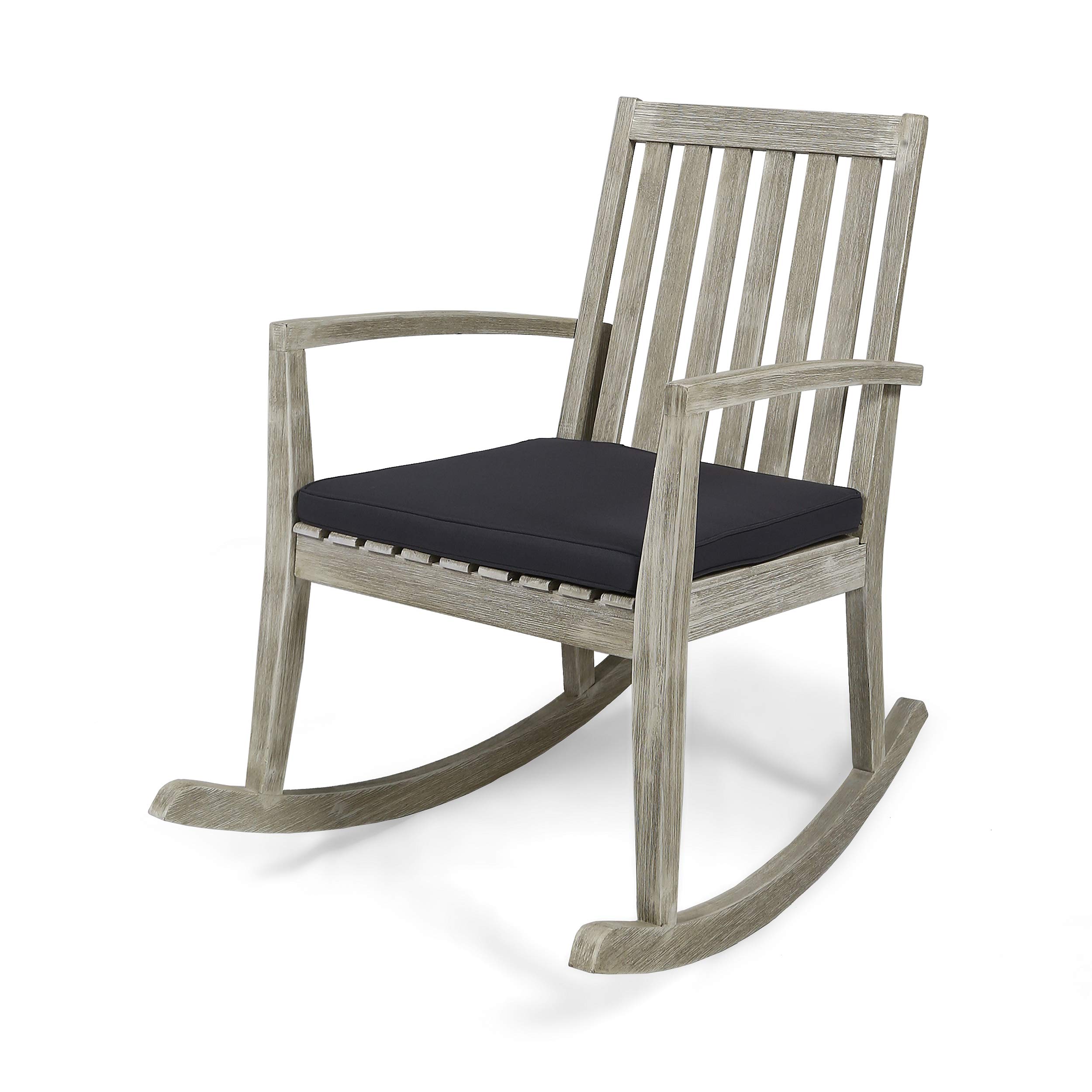 Acacia Wood Patio Rocking Chair with Dark Gray Cushions - Traditional Wire-Brush Light Gray Finish Outdoor Furniture for Garden, Deck & Porch Relaxation