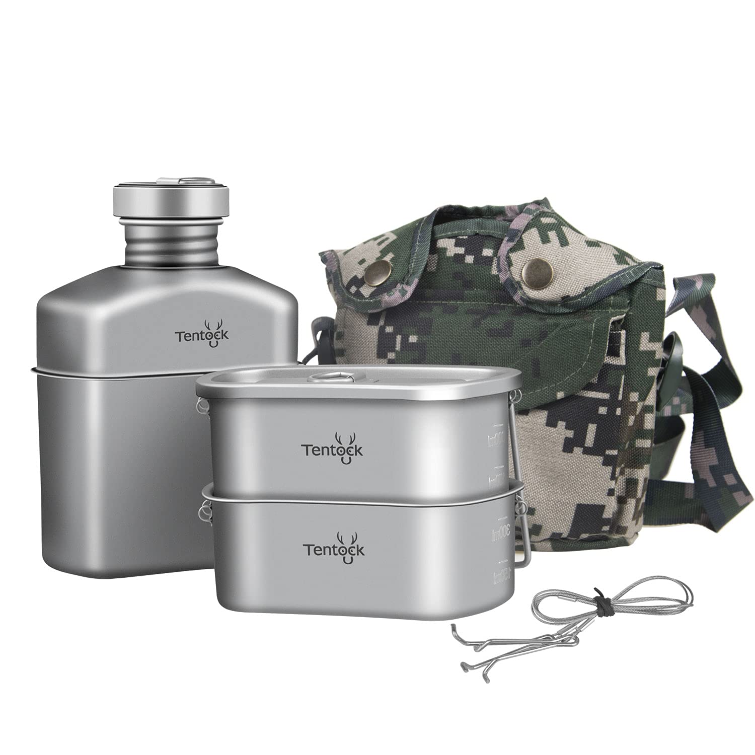 Tentock Titanium Canteen Mess Kit - Ultralight Portable Camping Cookware Set with Bowls, Pot, Water Bottle, Handle, Lid & Hanging Chain for Backpacking, Hiking, Picnic & Outdoor Adventures (Combo) | Perfect for Camping, Survival Gear & Emergency Preparedness