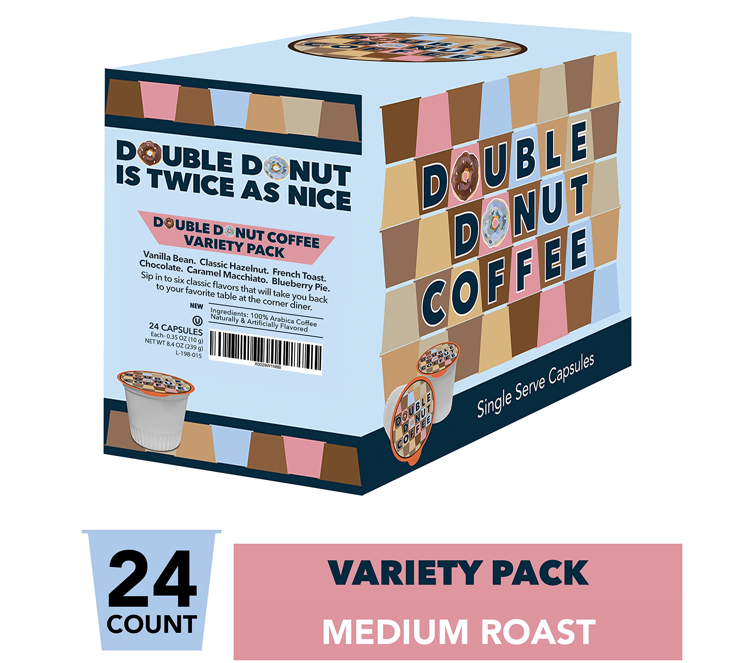 Double Donut Coffee Variety Pack - 24 Recyclable Single Serve Flavored Coffee Pods for Keurig K-Cup Brewers | Gourmet Flavored Coffee for Office, Home & Gifts | Compatible with All Keurig Coffee Makers
