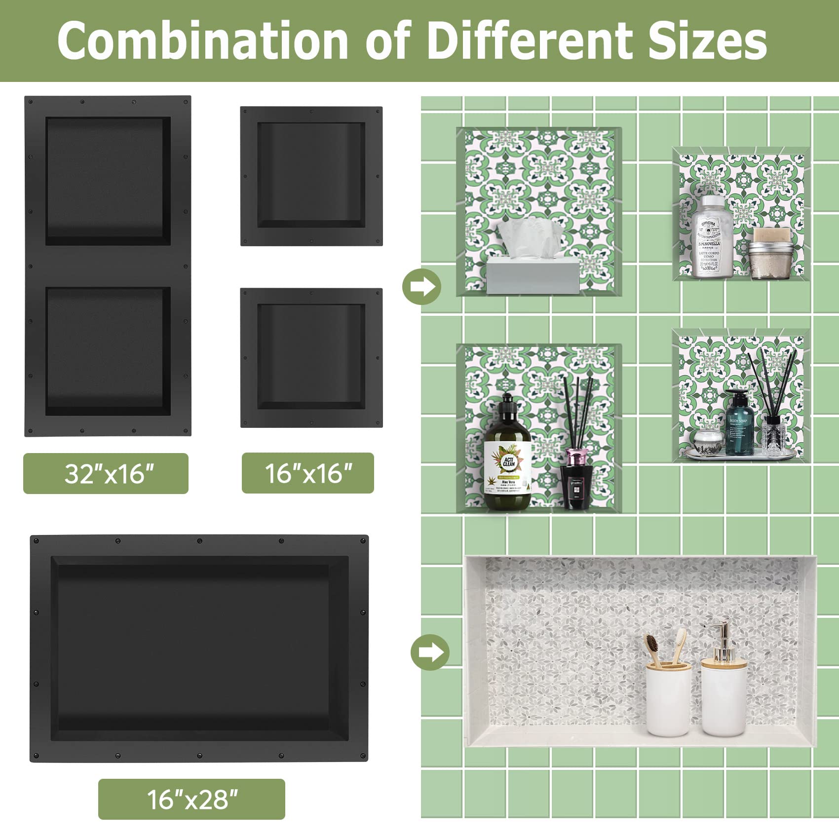Suteck 32 x 16 Inch Waterproof Double Shelf Shower Niche - Tile Ready Recessed Bathroom Storage Organizer for Shampoo, Soap & Toiletries - Black (Perfect for Modern Bathrooms & Spa-Like Showers)