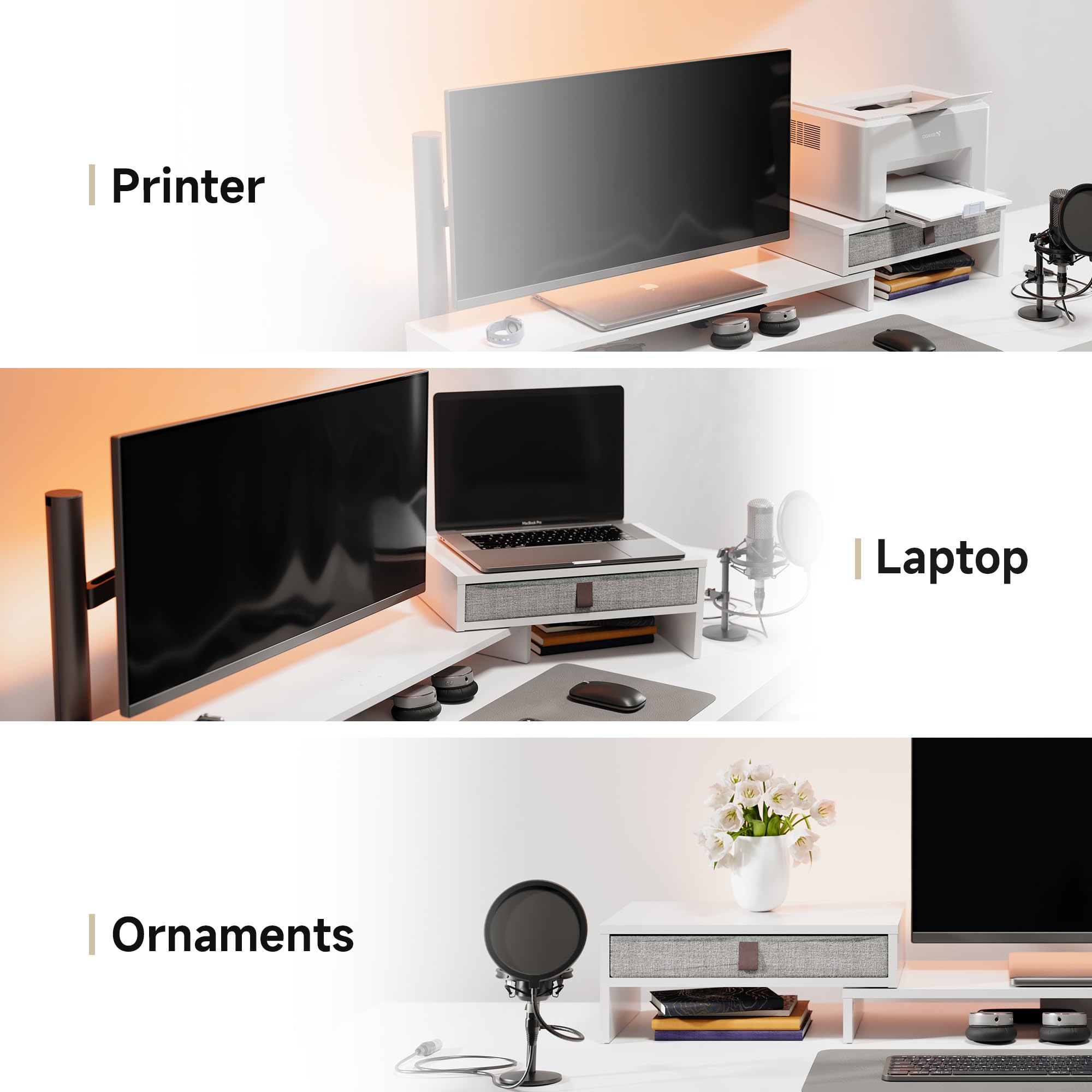 FENGE Dual Monitor Stand Riser with Storage Drawer - Adjustable 3-Tier Laptop & Screen Stand for Office, White | Perfect for Workspace Organization, Printer Shelf & Multi-Monitor Setup