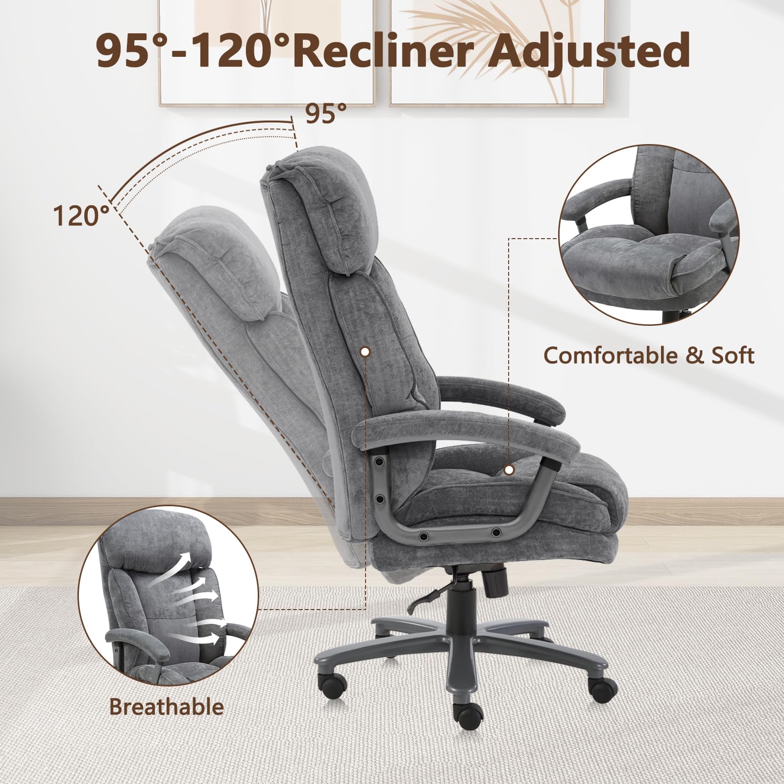 CLATINA Ergonomic Big and Tall Executive Office Chair - 400lbs Weight Capacity, Adjustable Height, Thick Padding, Headrest & Armrest - Grey Upholstered Swivel Chair for Home Office | Perfect for Long Work Hours & Comfortable Workspace