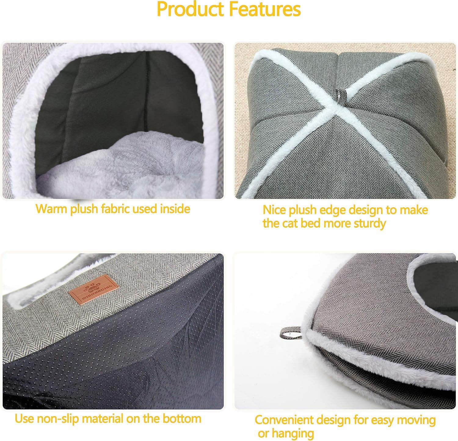 Cozy Self-Warming Cat Bed for Indoor Cats - Soft Washable Cat Cave with Removable Cushion, Grey Large Pet House for Kittens & Adult Cats | Perfect for Winter Warmth, Lounging & Stress Relief