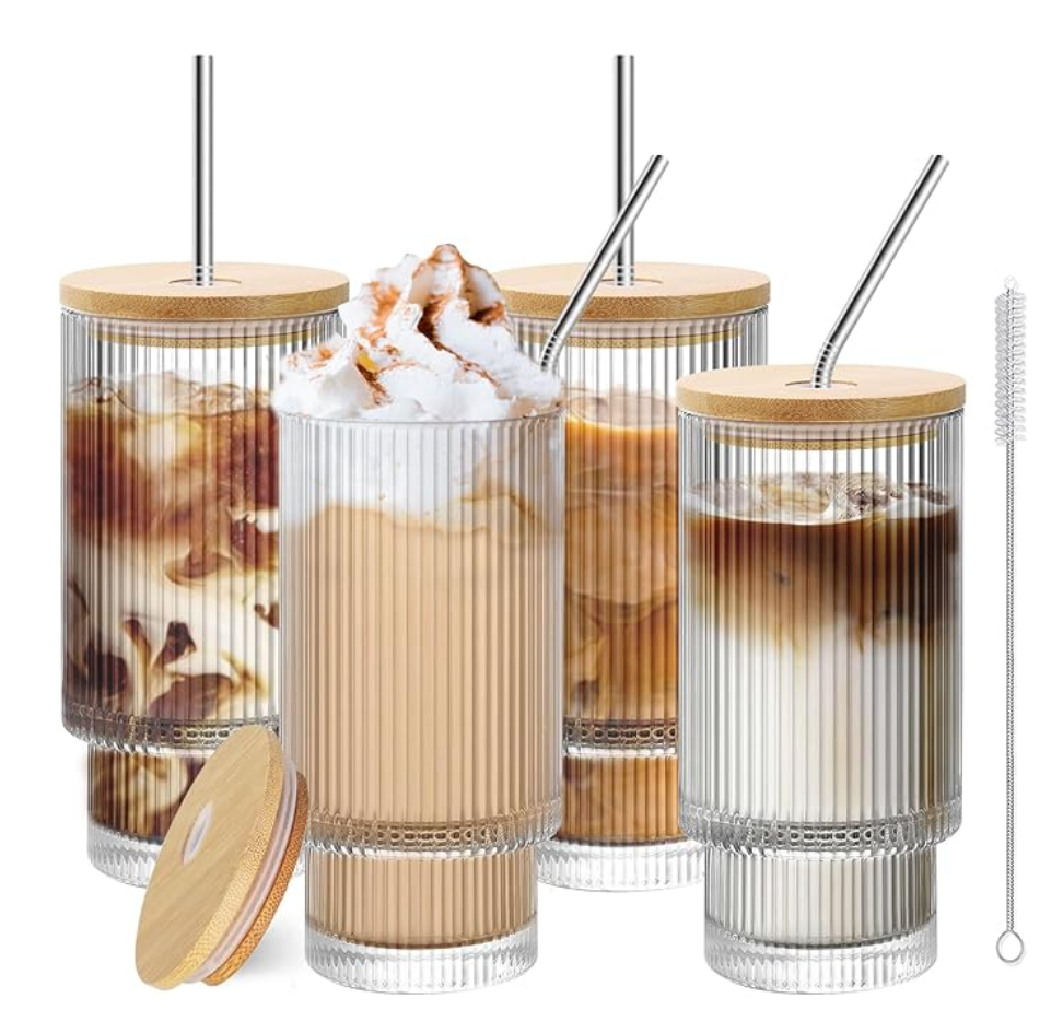 16oz Reusable Glass Tumbler with Bamboo Lid & Straw - 4 Pack Clear Iced Coffee Cups for Matcha, Smoothie, Cocktail, Juice - Perfect for Home, Office, and Outdoor Use