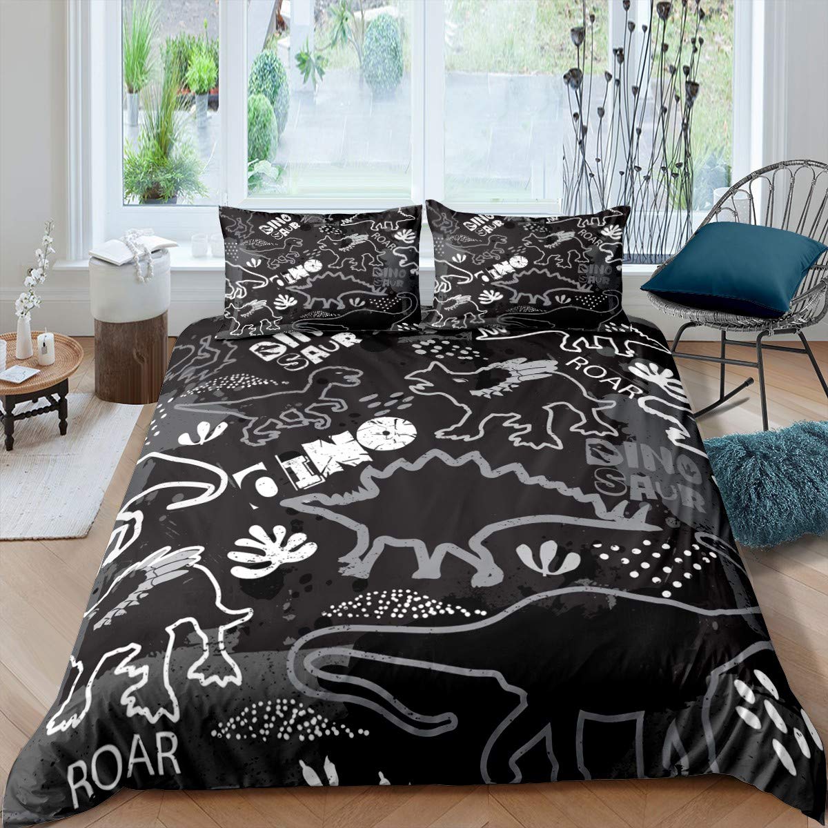 Dinosaur Duvet Cover Twin Size - Abstract Cartoon Print Microfiber Bedding Set for Kids & Teens - Soft Animal Theme Comforter Cover (2PC Black/White/Grey) - Perfect for Boys' Room Decor & Dinosaur Lovers