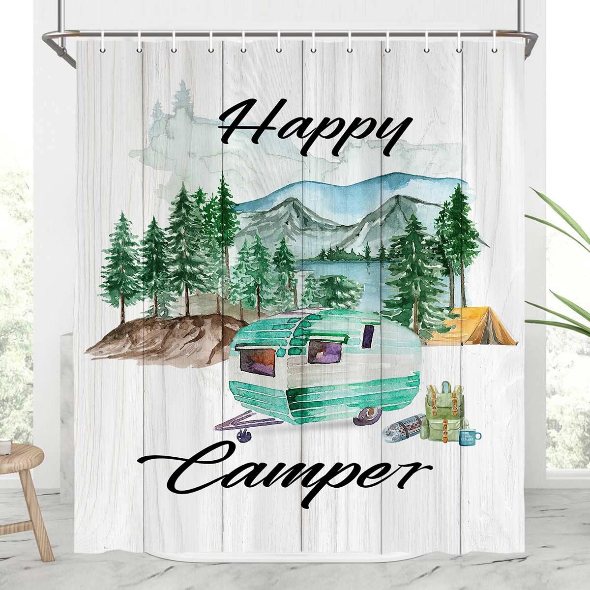 Happy Camper RV Shower Curtain - Mountain Forest Green with Trailer Design on Wooden Board, 36x72 Inch Camping Themed Bath Curtain for Adventurers, Narrow Fabric Camper Shower Curtain with Hooks - Perfect for RV Bathrooms, Tiny Homes & Outdoor Enthusiasts