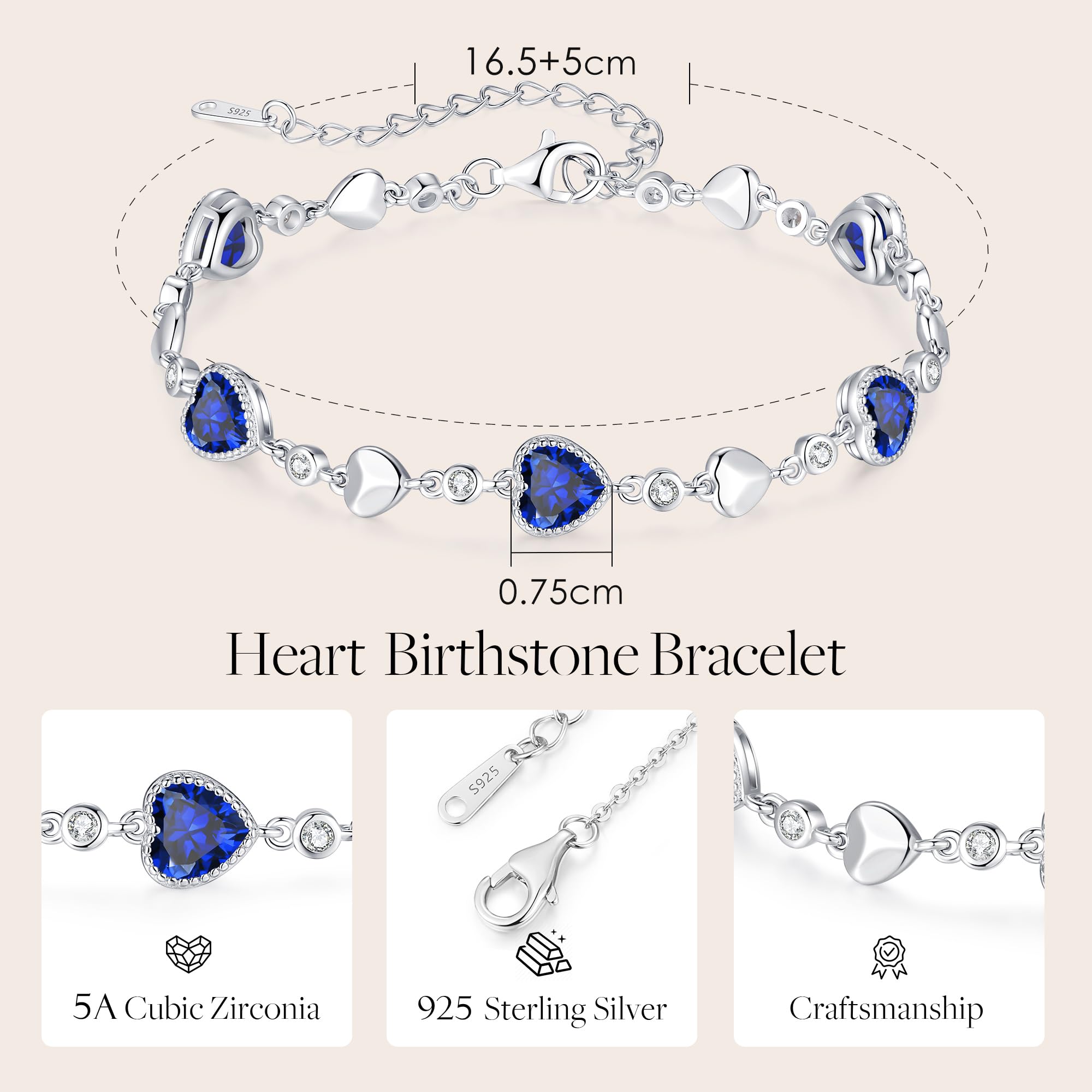 LOUISA SECRET 925 Sterling Silver Five Love Heart Birthstone Bracelet for Women - Elegant Charm Link Bracelet Gift for Wife, Mom, Girlfriend - Perfect for Birthday, Anniversary, Christmas & Everyday Wear