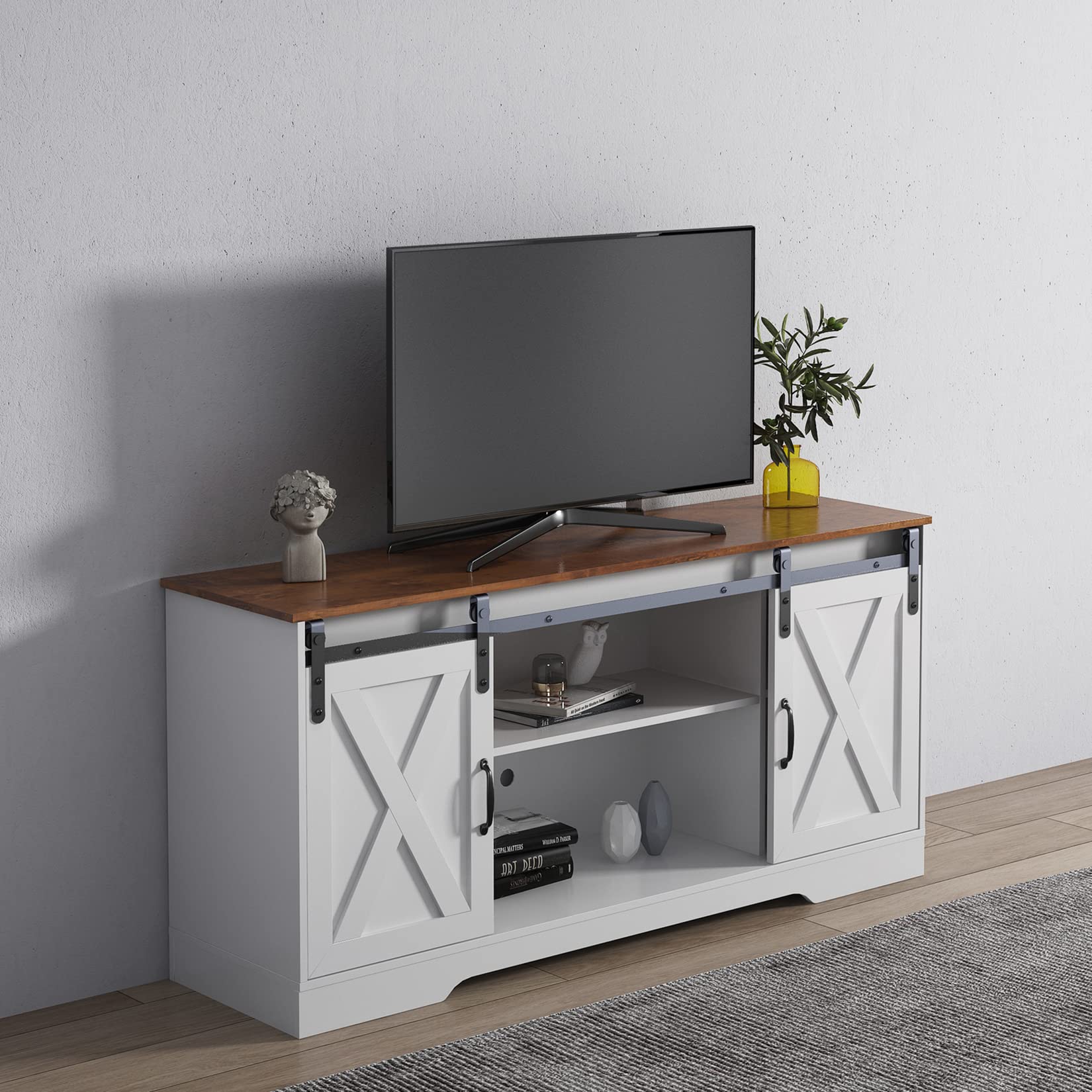 Rustic Modern TV Stand for 70 Inch TV - Entertainment Center with Sliding Barn Doors, Adjustable Shelves & 110lbs Load Capacity - Perfect for Living Room & Bedroom
