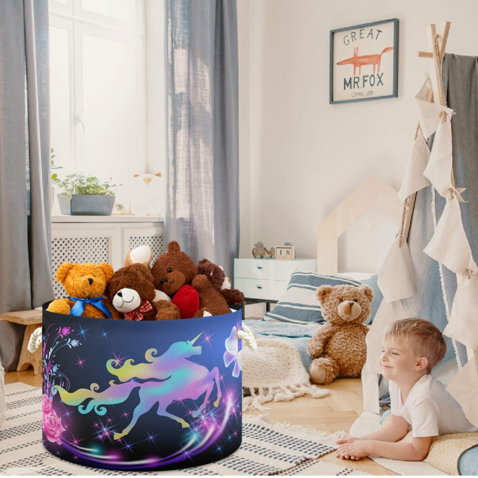 Visesunny Unicorn & Butterfly Canvas Storage Basket - Waterproof Toy Organizer Bin for Kids Room, Playroom, Shelves | Nursery Hamper, Laundry Basket & Gift Idea | Perfect for Organizing Toys, Books & Clothes