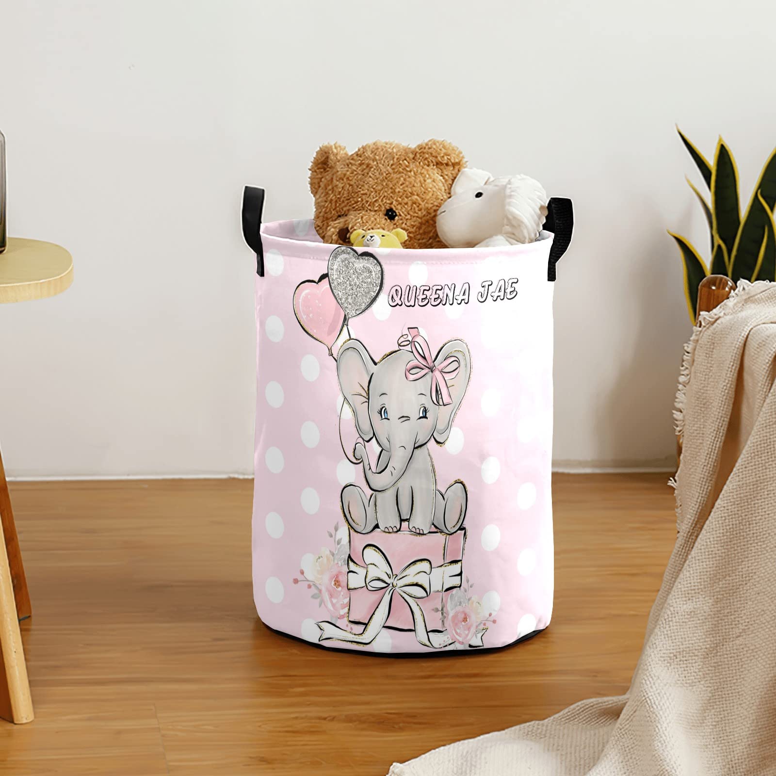 Elephant Pink Silver Glitter Balloons Storage Bin - Waterproof Oxford Fabric Laundry Hamper & Organizer for Clothes, Toys, Gifts | Perfect for Nursery, Bedroom & Home Organization
