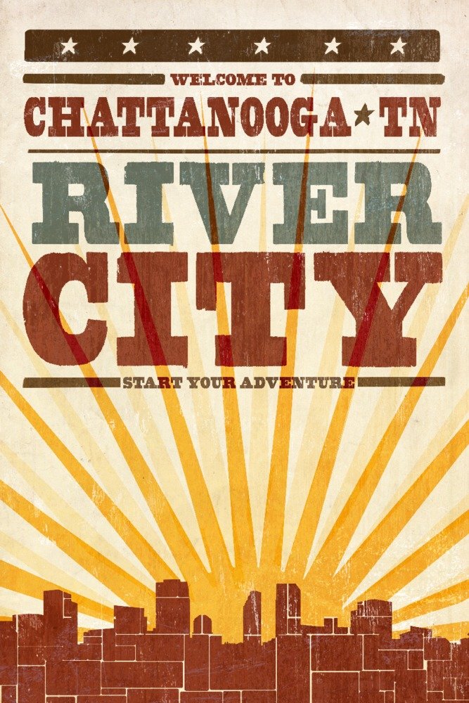 Chattanooga Tennessee Skyline Sunburst Art Print - Signed 24x36 Wall Decor Poster | Vintage Cityscape Painting for Living Room, Office & Home Decoration