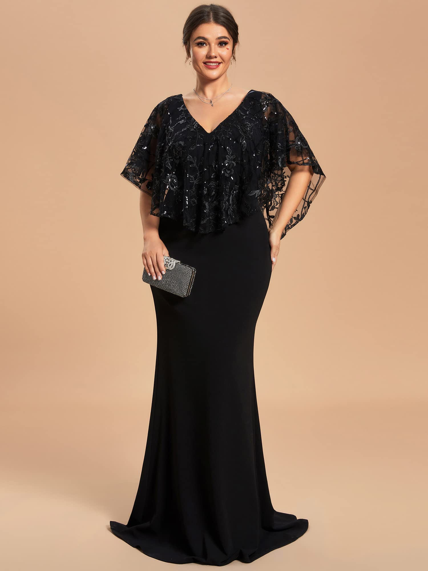 Ever-Pretty Plus Size Women's Bodycon Evening Dress with V-Neck, Short Sleeves & Sequin Shawl - Floor Length Formal Gown for Prom, Wedding & Special Occasions (Style 01798-DA)