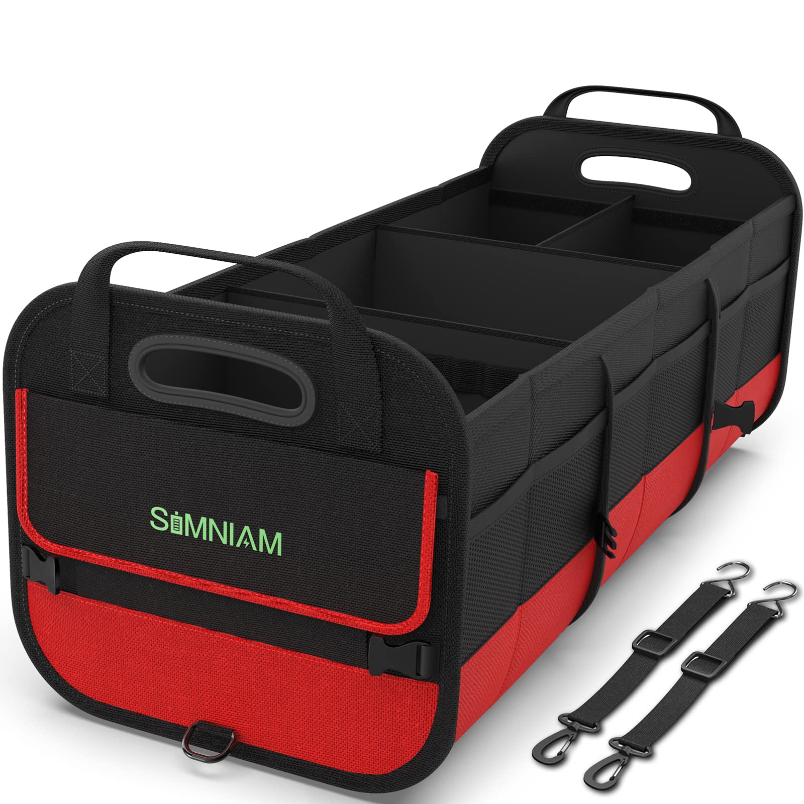 Simniam Large Collapsible Car Trunk Organizer with 4 Compartments & 2 Retractable Straps - Universal Fit for SUV, Minivan, Sedan | Perfect for Road Trips, Grocery Storage & Travel Organization (Red)