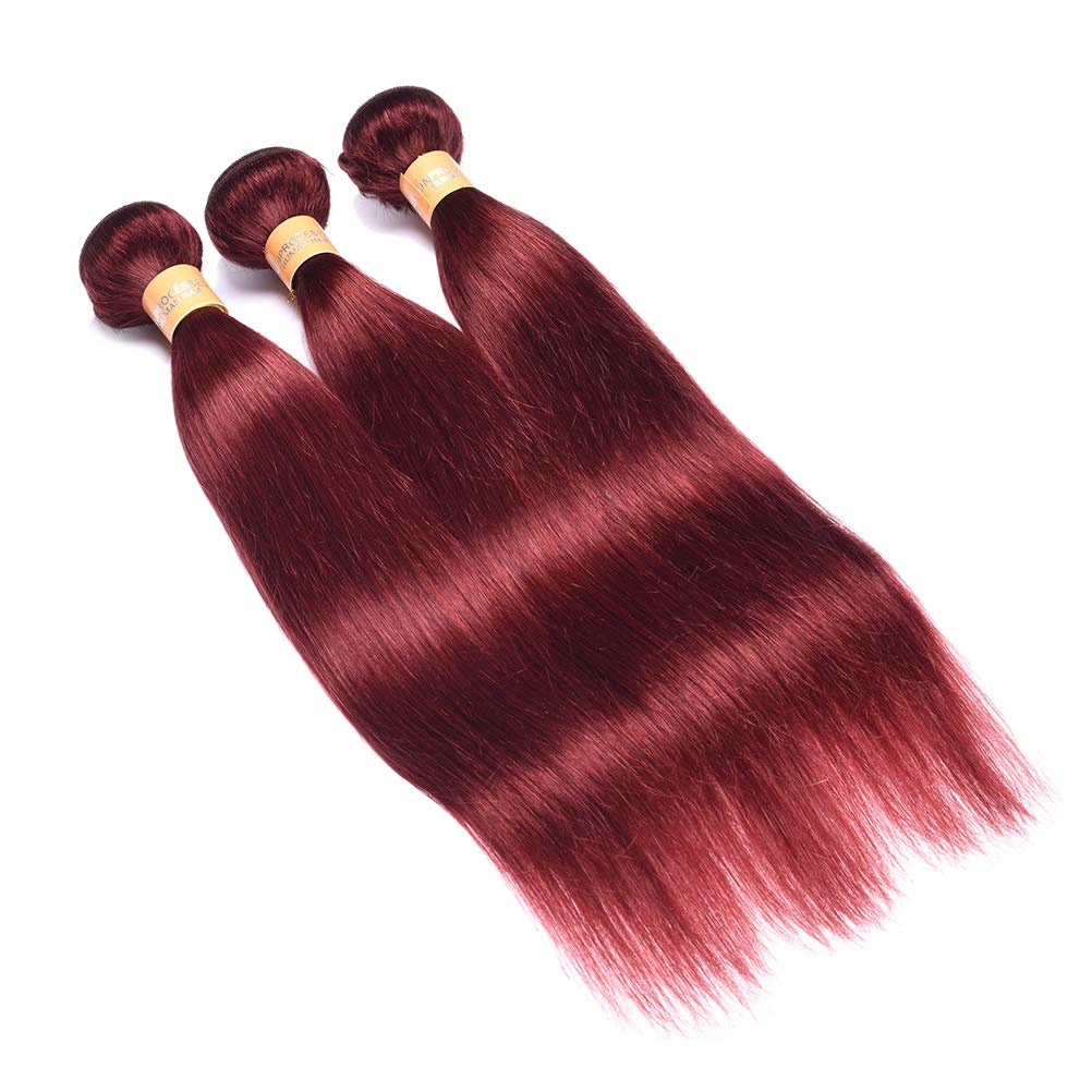 WOME Light Wine Red Hair Extensions - 3 Bundles Peruvian Virgin Human Hair #33 Silky Straight Wefts (12