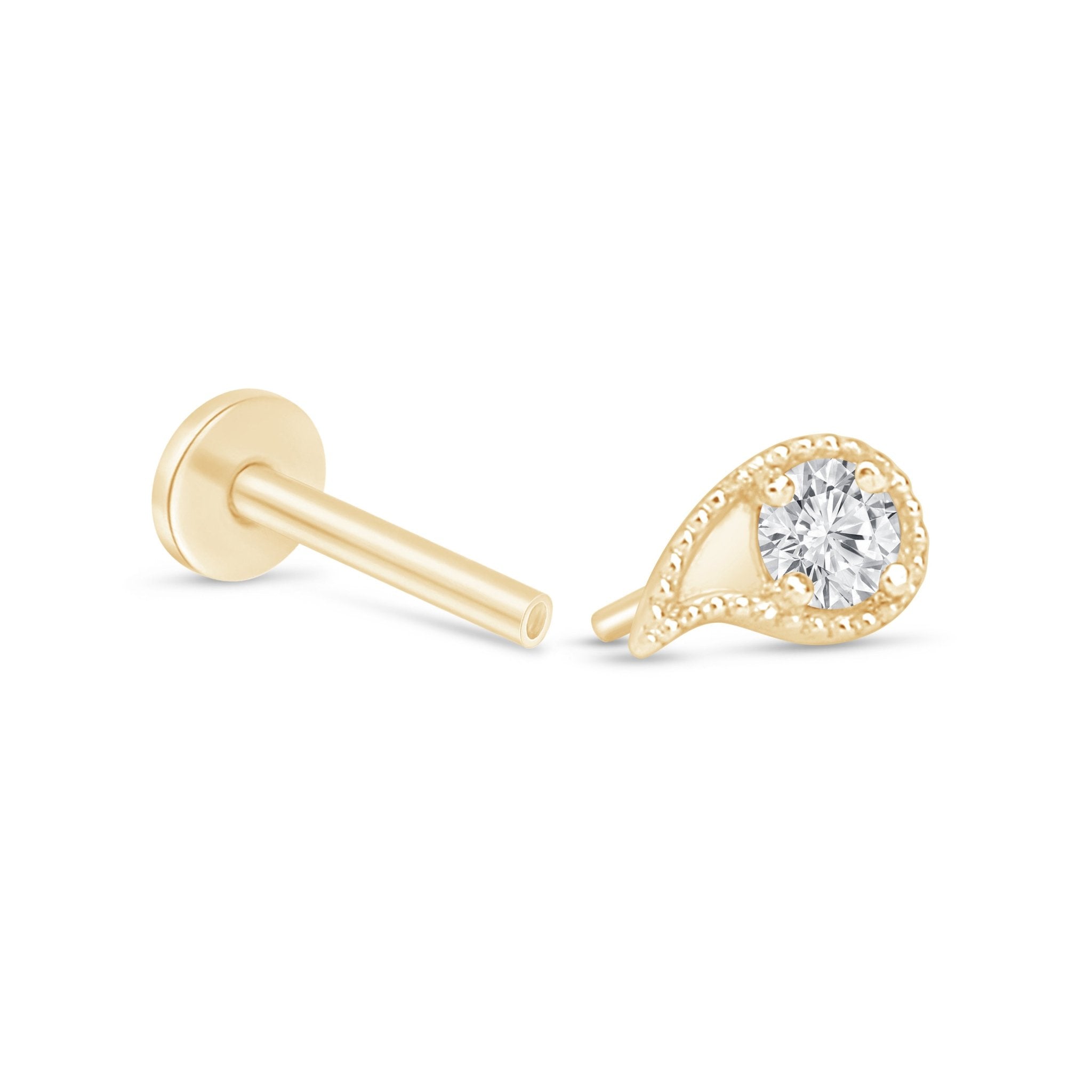 14K Solid Yellow Gold Diamond Paisley Flat Back Stud Earrings with Milgrain Detailing - Perfect for Weddings, Parties & Everyday Elegance