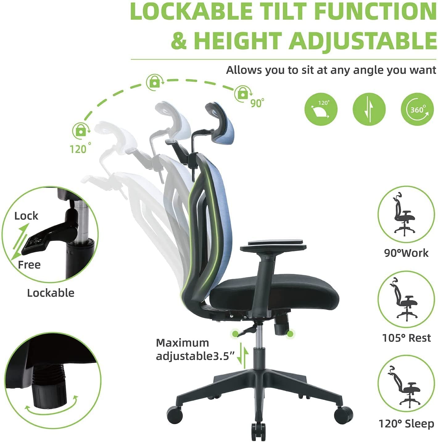 Ergonomic High Back Office Chair with Adjustable Headrest & Lumbar Support - Breathable Mesh Executive Desk Chair for Home & Office - Includes Soft Foam Seat Cushion & Hanger - Perfect for Long Work Hours, Gaming & Remote Work (Blue)