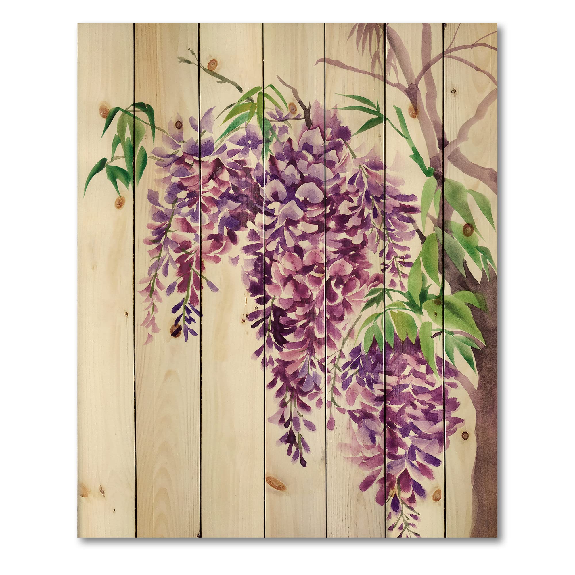 DesignQ Purple Wisteria Branches Wood Wall Art - Handcrafted Traditional Floral Wall Decor Printed on Natural Pine Wood Panels for Living Room, Bedroom & Office Decoration