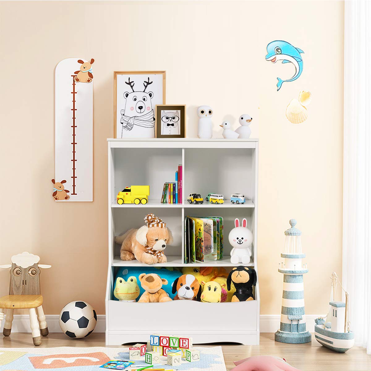 Giantex 3-Tier Wooden Toy Organizer with 4 Storage Bins - Kids Room Storage Cabinet for Books, Toys & Collections - White - Perfect for Nursery, Playroom & Classroom Organization