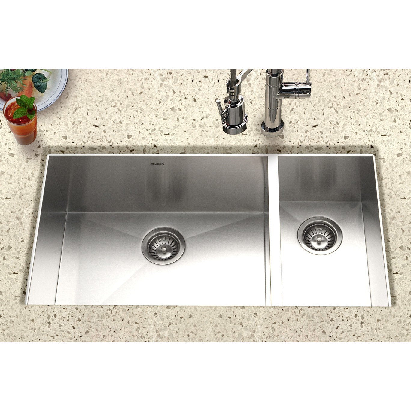 Houzer CTO 3370SR Contempo Series 70/30 Double Bowl Undermount Stainless Steel Kitchen Sink - Right Prep Bowl for Modern Kitchens & Food Preparation