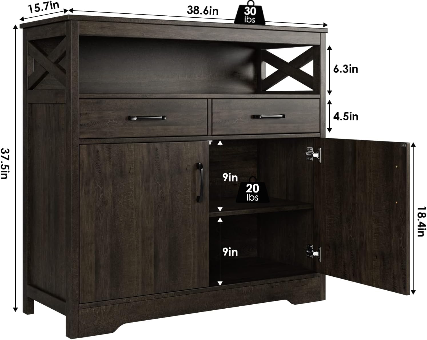 Modern Farmhouse Buffet Sideboard - Wooden Kitchen Storage Cabinet with Shelves, Doors & Drawers - Coffee Bar & Living Room Floor Cupboard - Dark Brown - Perfect for Dining Room Storage, Kitchen Organization & Coffee Station Setup