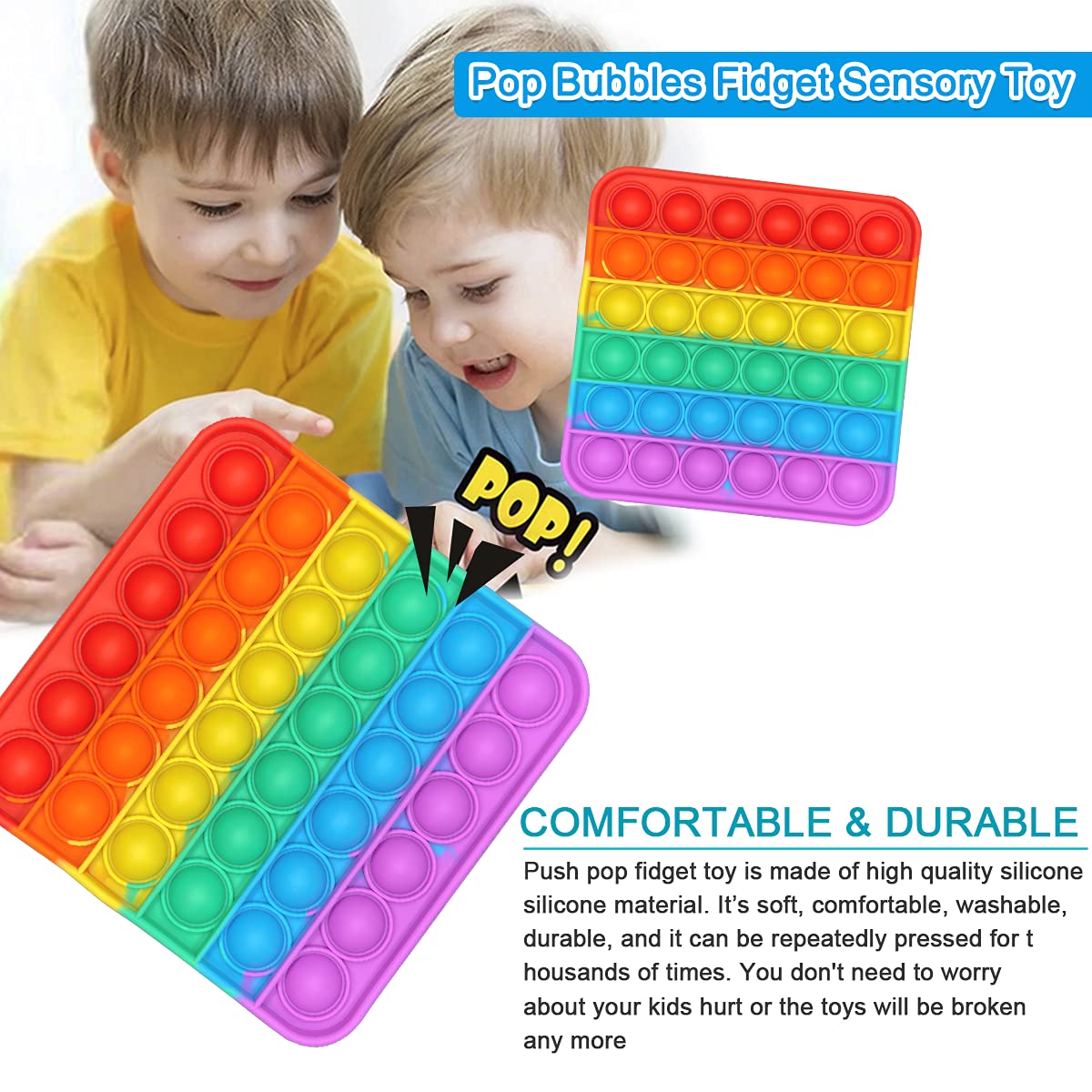 Pop Bubbles Fidget Sensory Toy for Kids & Adults - Silicone Stress Relief Push Bubble Toy for Autism, ADHD, Anxiety - Square Sensory Fidget Toy for Classroom, Office, Travel and Emotional Relaxation