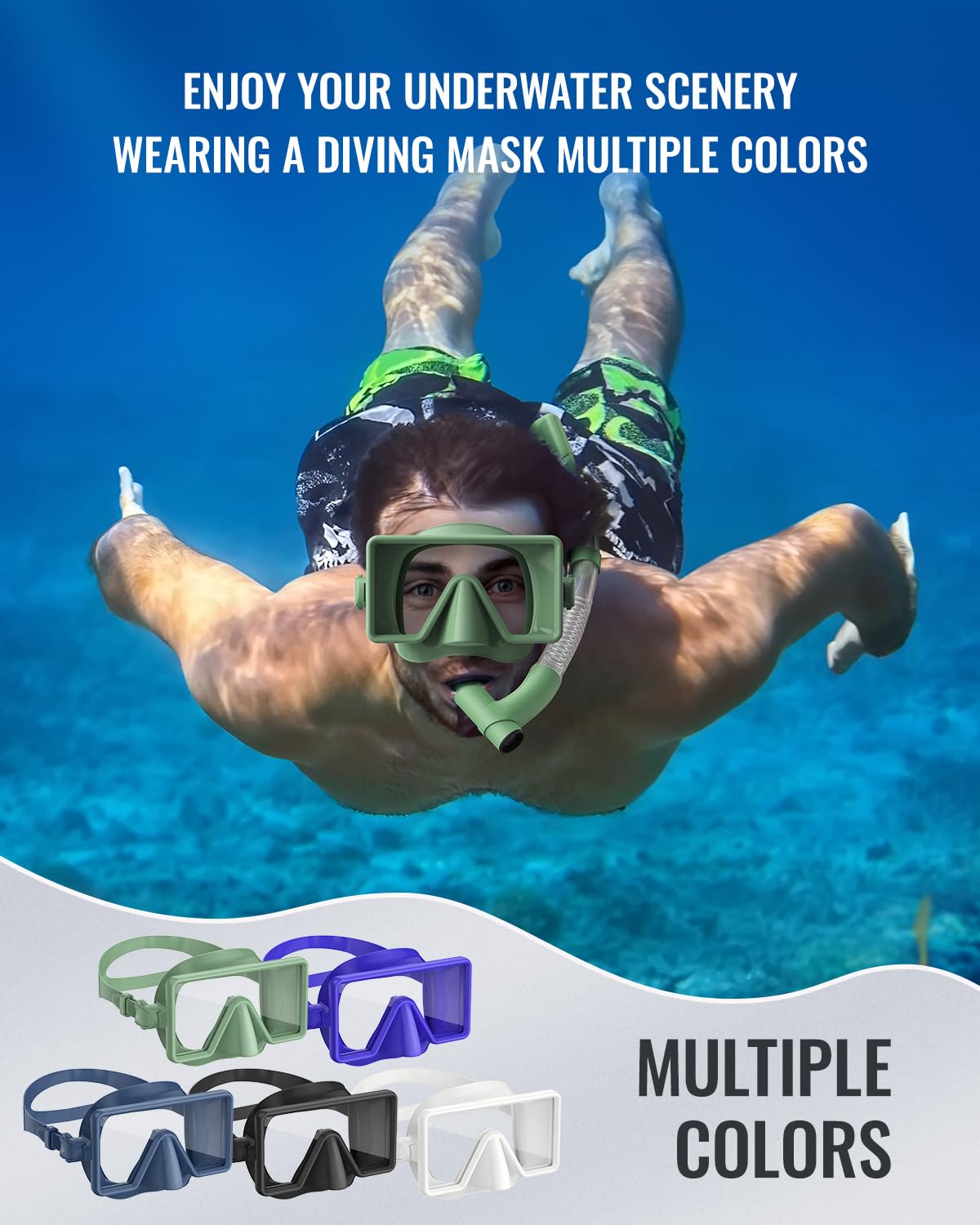 **WSTOO Anti-Fog Snorkel Mask - Panoramic Diving Mask with Tempered Glass, Leak-Proof & Shatterproof Design - Anti-Glare Scuba Goggles for Adults & Teens - Perfect for Ocean, Pool & Beach Swimming**