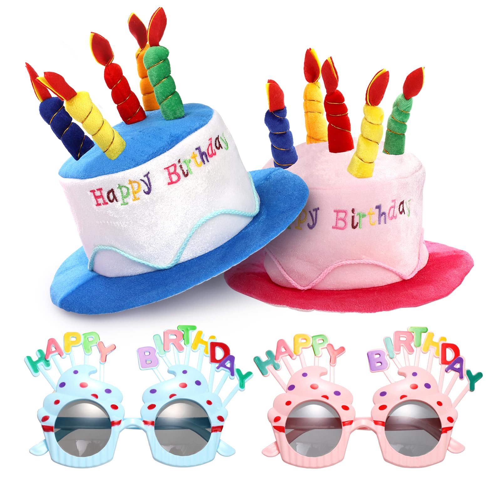 Okllen Birthday Hats Set of 2 for Adults - Plush Cake Party Hats with Fun Sunglasses, Blue & Pink Novelty Headwear for Birthday Celebrations | Perfect for Birthday Parties, Bachelorette Events & Costume Themes