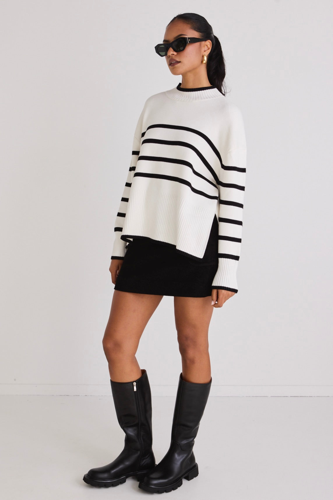 Ardent White Stripe Funnel Neck Jumper - Women's Chunky Knit Sweater for Fall & Winter | Cozy Office Wear & Casual Outfits