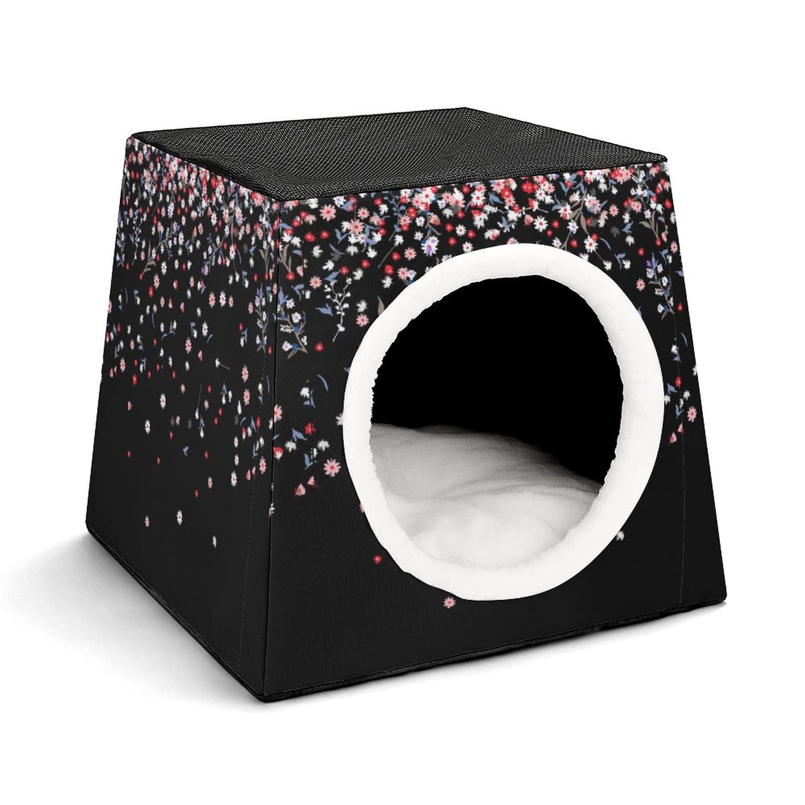 Printed Cat Cube Kitty House - Indoor Cat Bed & Small Dog Shelter - Warm & Cozy Pet Sofa with Colorful Falling Flowers Design - Perfect for Napping, Playtime & Home Decor