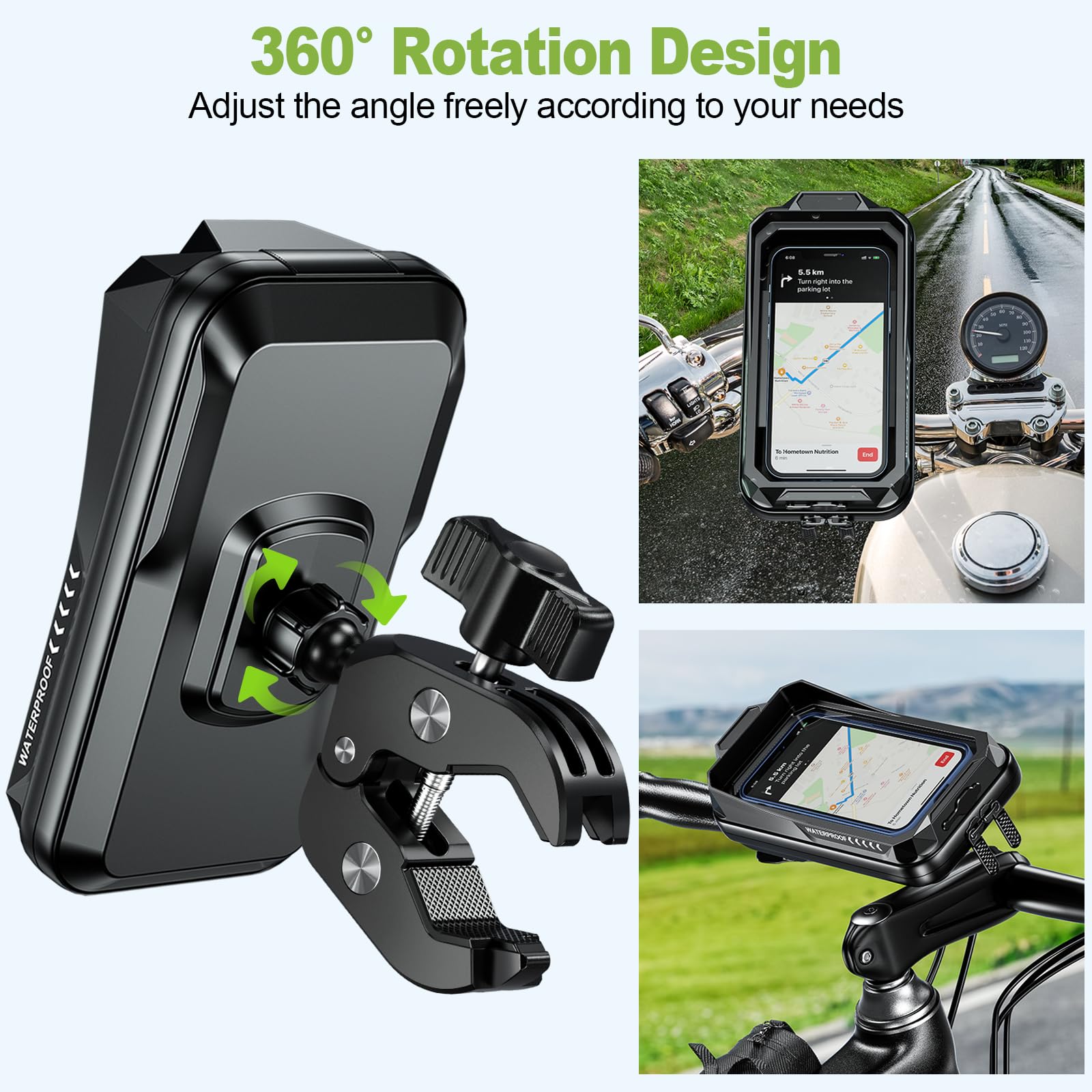 BTNEEU Universal Motorcycle Phone Mount - 360° Rotatable, Anti-Vibration, Waterproof Smartphone Holder for Bikes with Touch Screen Access (Fits Phones up to 7 Inches, Black) - Perfect for GPS Navigation, Commuting & Adventure Riding