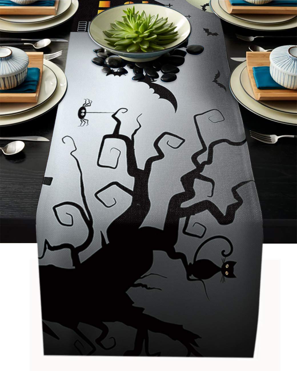 Prironde Halloween Table Runner 120 Inches Long - Cotton Linen Farmhouse Style for Kitchen, Dining, Coffee Tables - Perfect for Night Castle Bat Theme, Weddings, Graduations, Parties, and Seasonal Home Decor