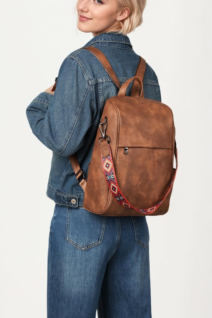 FADEON Anti Theft Backpack for Women - Stylish Faux Leather Laptop Backpack with Hidden Back Opening, Secure Work Bag & Travel Purse (Brown) - Perfect for Office, Commute & College Campus Use