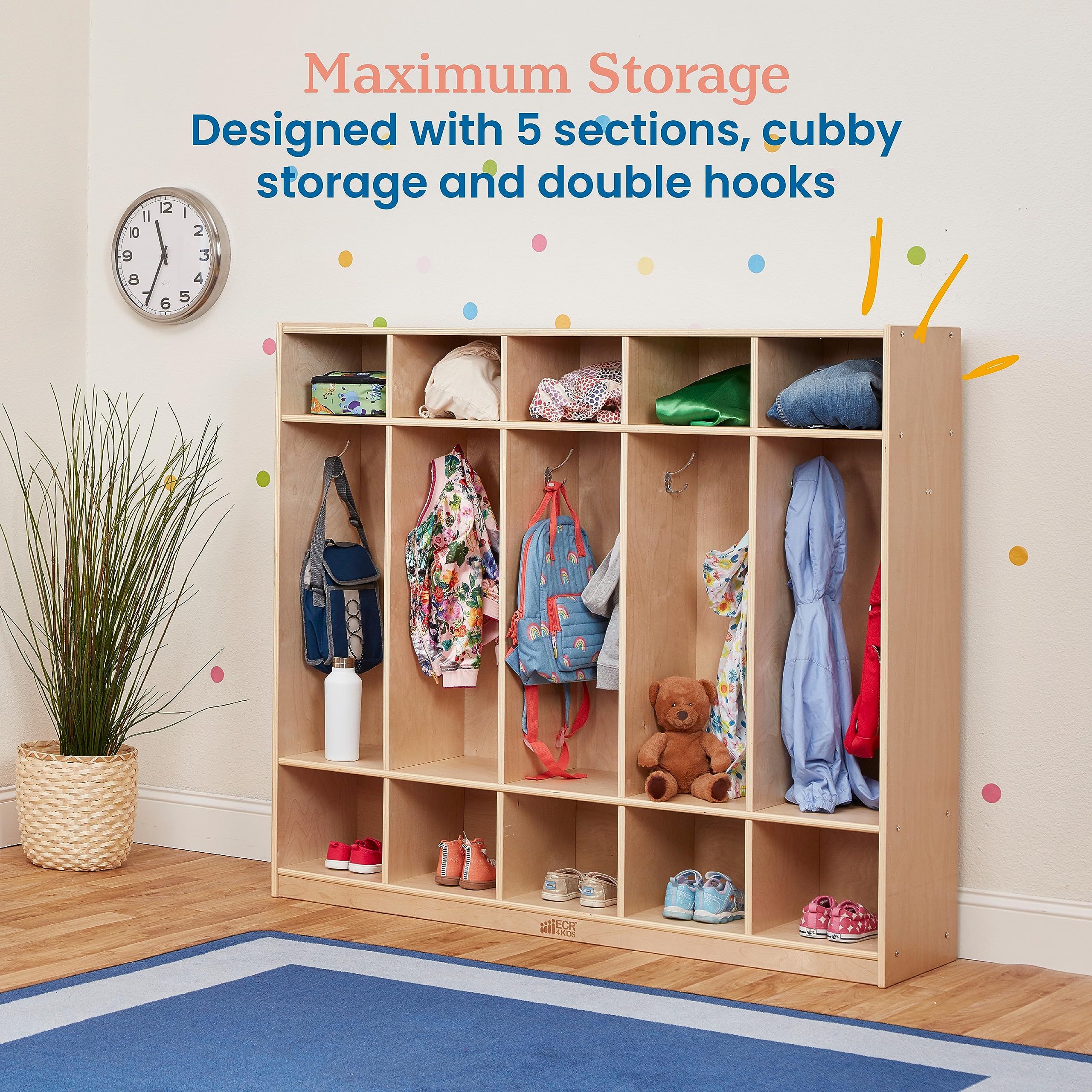 ECR4Kids 5-Section Straight Coat Locker - Natural Wood Classroom Storage Furniture for Jackets, Backpacks & School Supplies - Perfect for Preschools, Daycares & Elementary Schools