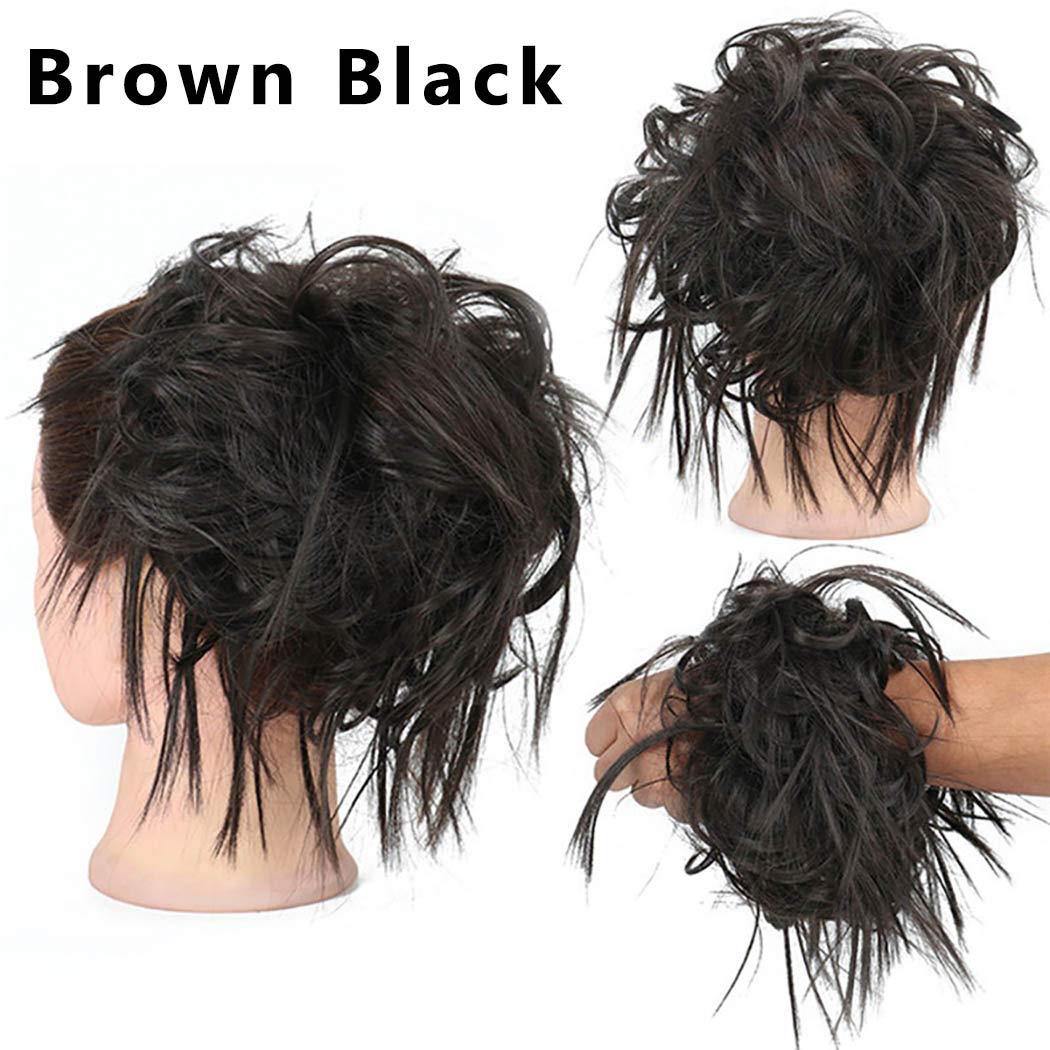 Gangel Synthetic Hair Bun Extensions - Curly Wavy Ponytail Hairpiece with Elastic Scrunchie for Half Updo Hairstyles | Women & Girls Wig | Brown Black (4#) | Perfect for Parties, Weddings & Daily Styling