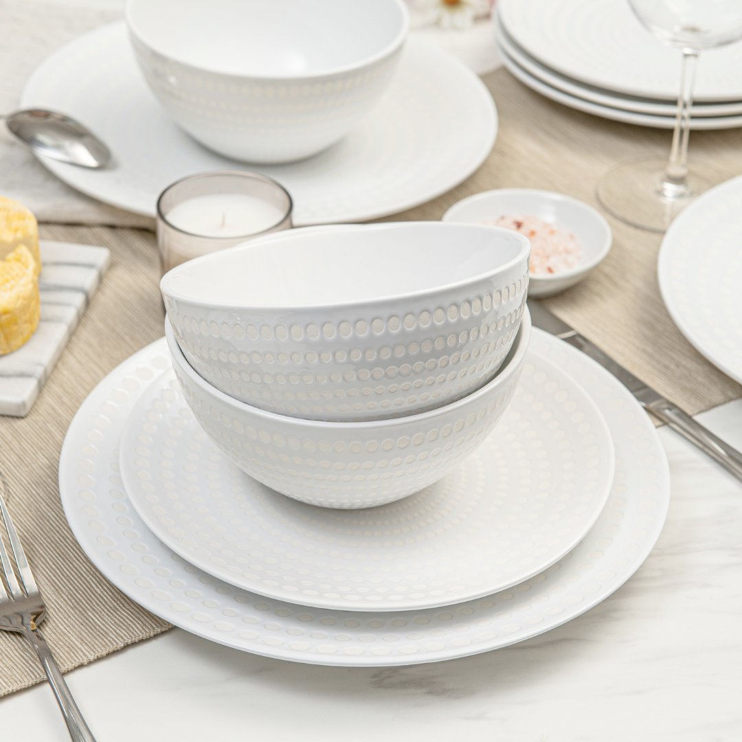 12-Piece Bijou Ceramic Dinnerware Set - Elegant Pearl White Plates & Bowls for Everyday Dining, Entertaining, and Special Occasions