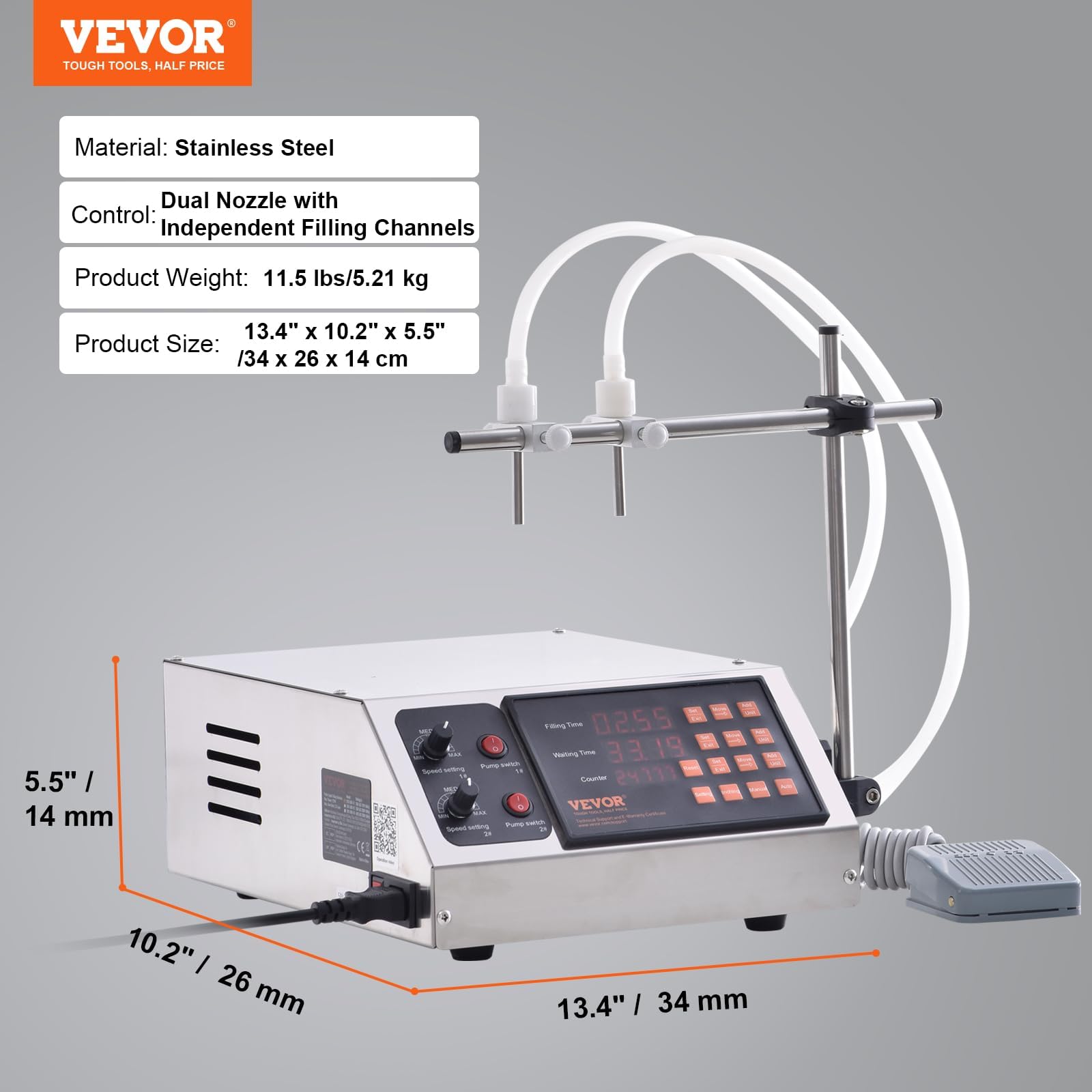 VEVOR Automatic Liquid Filling Machine 10-4000ml, Digital Bottle Filler with Dual Nozzles for Milk, Water, Wine, Beverage, Soy Sauce, Vinegar - Perfect for Home Brewing, Small Business & Commercial Bottling Operations