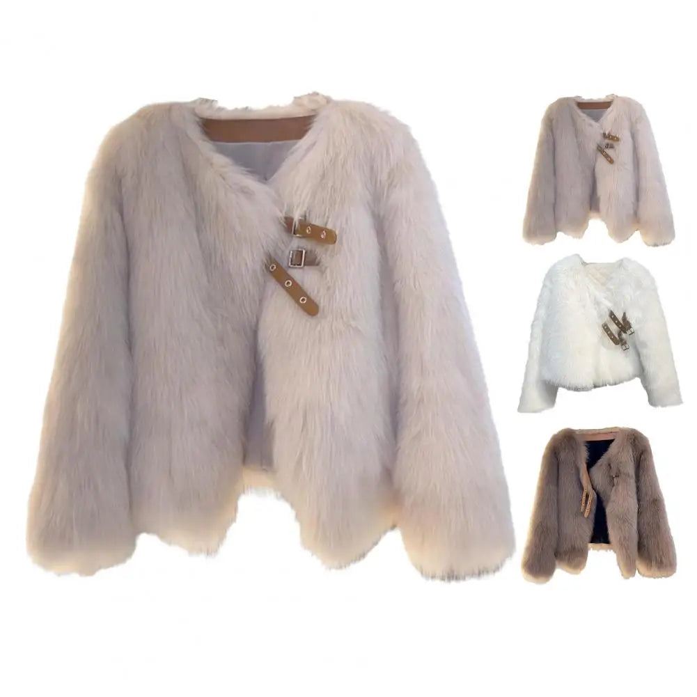 Warm Faux Fur Knit Cardigan Coat for Women - Cozy Winter Long Sleeve Sweater Jacket with Buckle & Strap Decor | Perfect for Fall/Winter Fashion, Office Wear & Casual Outings