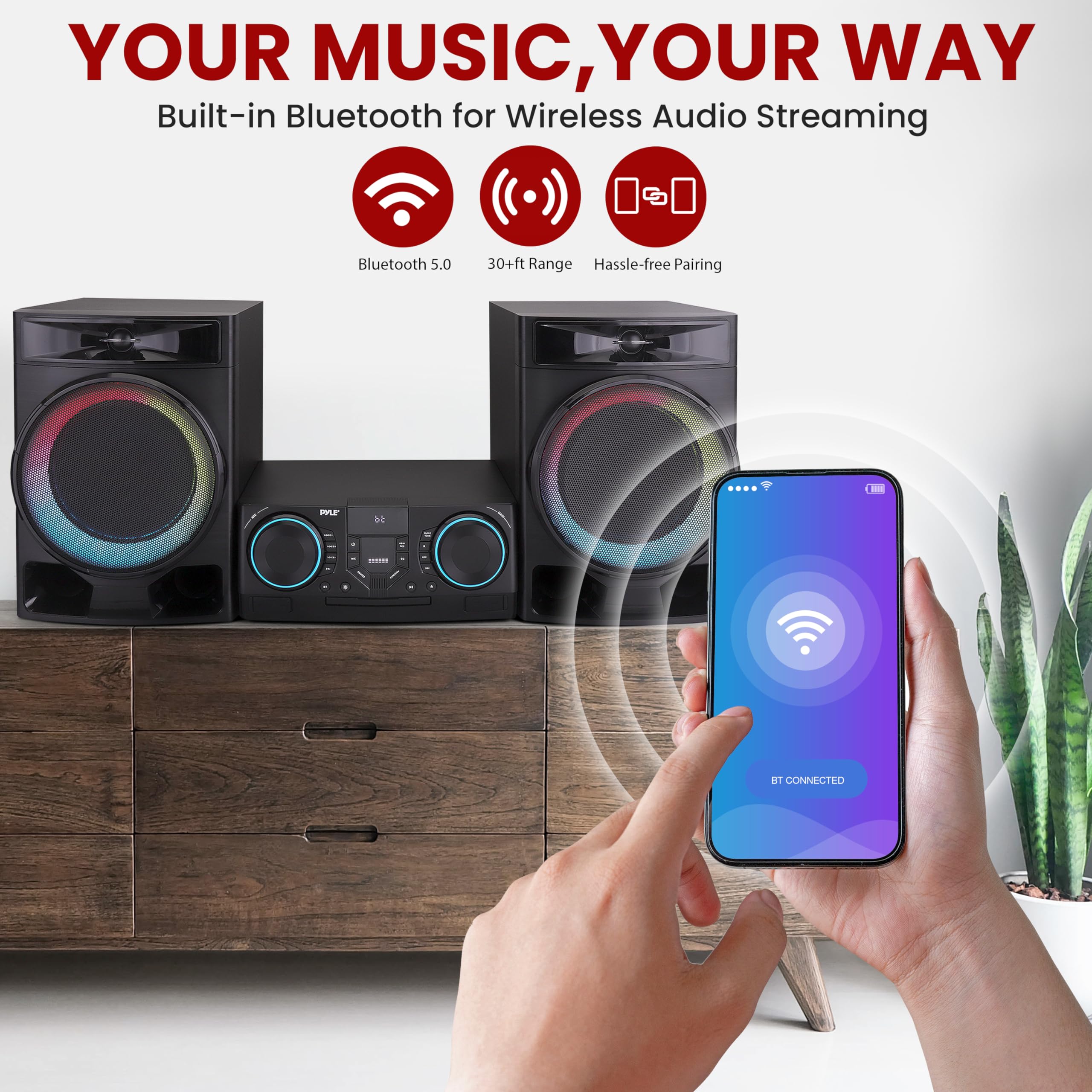 Pyle Bluetooth CD Stereo System with MP3/DVD/CD Playback, Dual USB Recording, Built-in Speakers & Subwoofer - 160W Digital Amplifier, FM Radio, Remote Control - Perfect for Home Entertainment & Party Music System