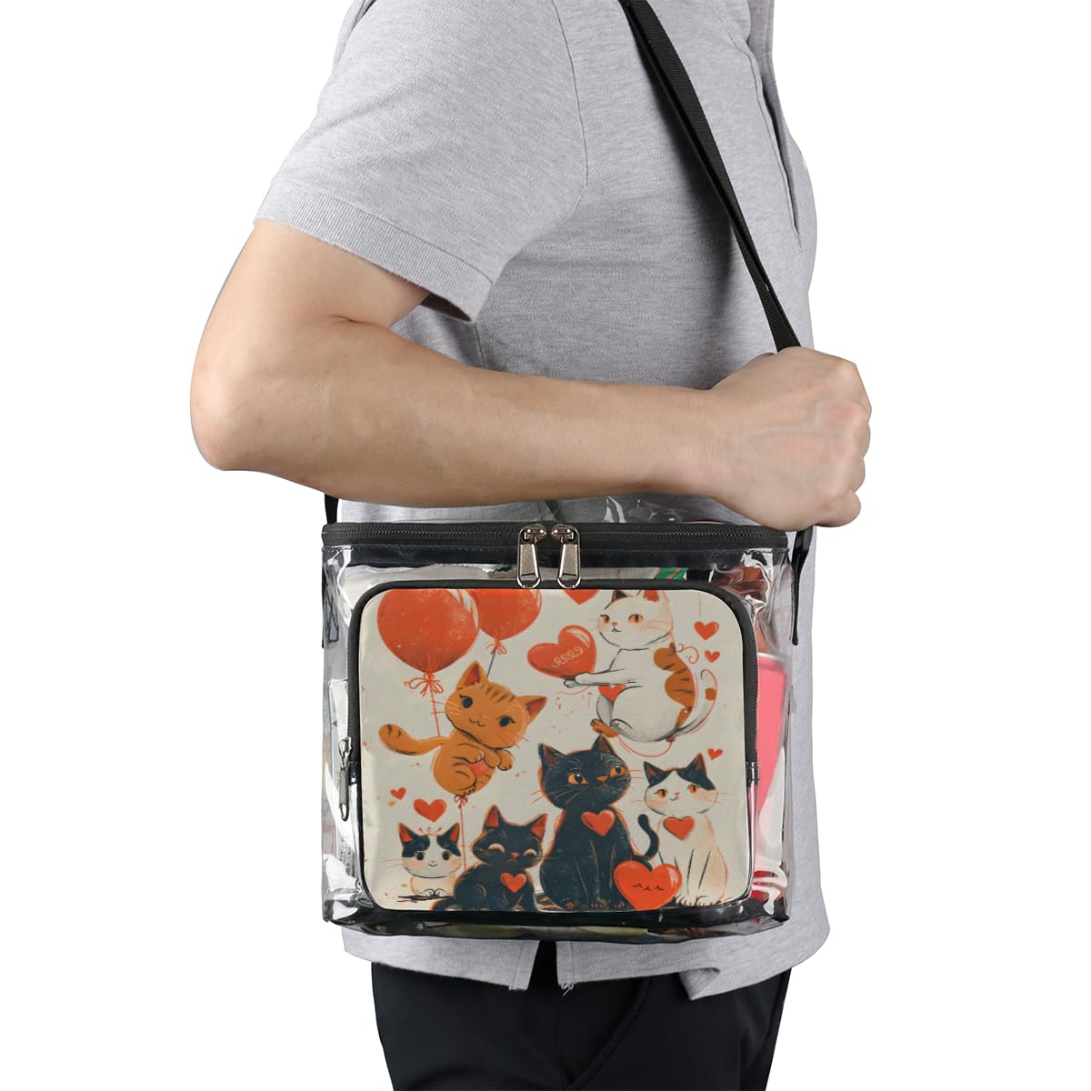 GzLeyigou Valentine's Day Cat Clear Tote Bag with Handles - Transparent Crossbody Shoulder Bag for Lunch, Outdoor, Travel, Picnic, Concerts & Sports Events - Stadium Approved Multi-Purpose Cat-Themed Purse | Perfect for Date Nights, School, Shopping & Festival Accessories