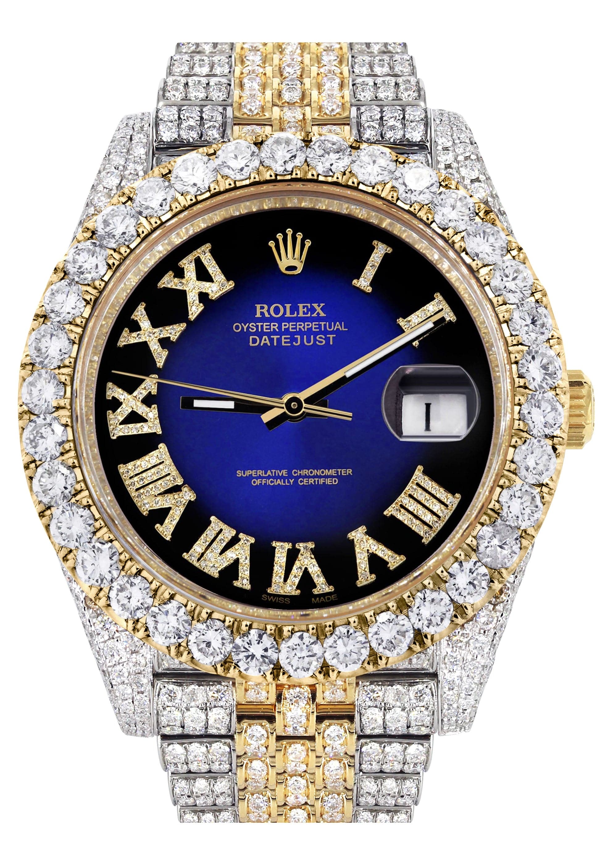 Luxury Diamond Iced Out Rolex Datejust 41 Watch - 25 Carats Genuine Diamonds | Custom Blue Black Roman Numeral Dial | Two-Tone Stainless Steel & Gold | Jubilee Bracelet | Perfect for Special Occasions & Luxury Fashion Statements