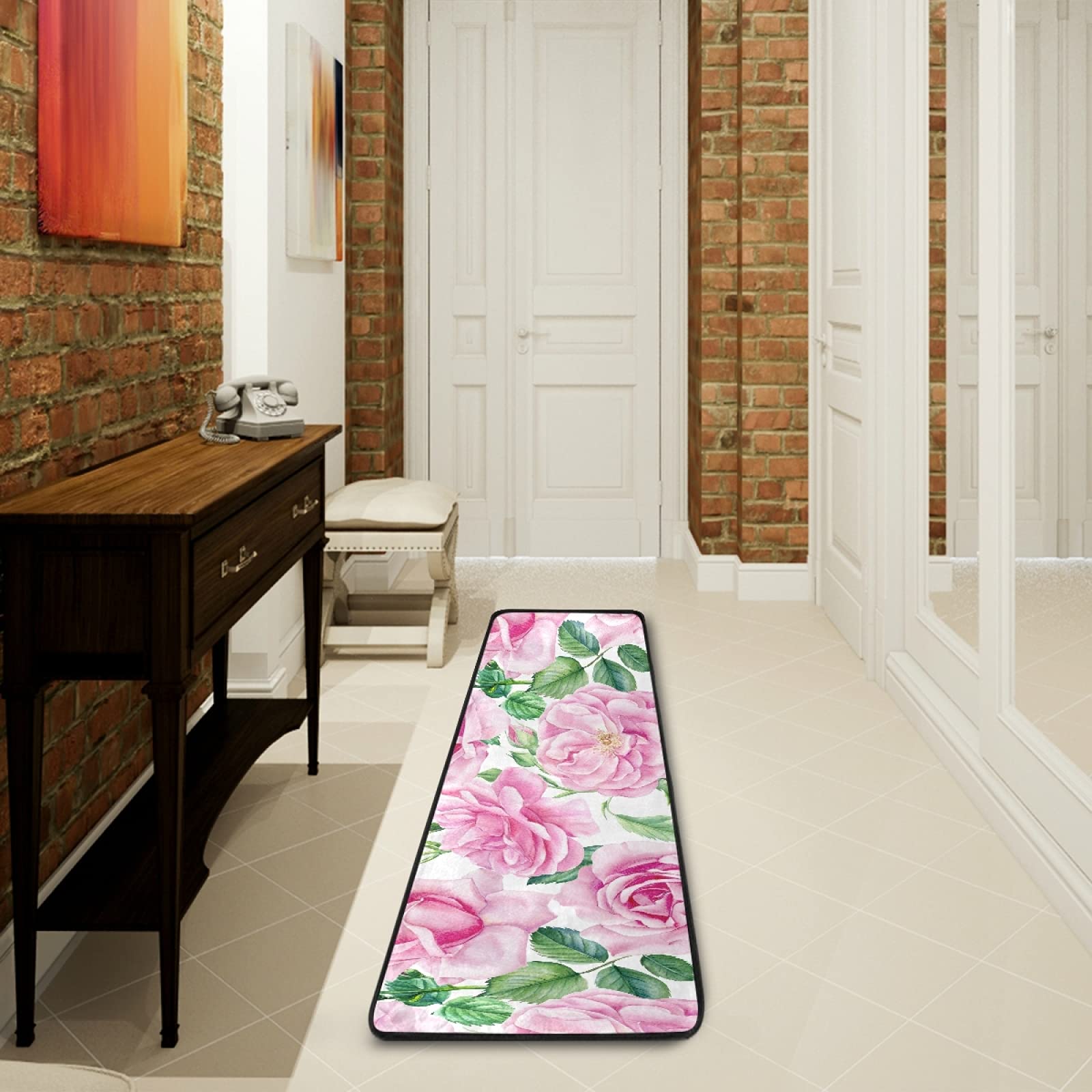 Floral Pink Roses White Runner Rug - Non-Slip Hallway Carpet 2x6 FT, Soft Indoor Area Rug for Kitchen, Bathroom, Bedroom & Entryway - Perfect for Home Decor, Wedding Aisle, and Cozy Living Spaces